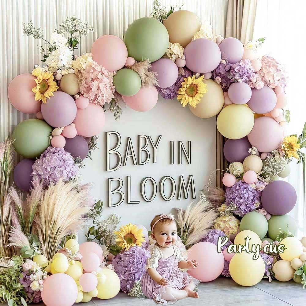 Purple Green Pink Balloon Arch Double Stuffed Dusty Green Lavender Light Yellow Sand Latex Pastel Lilac Balloon Garland Kit for Baby Shower Wedding Birthday Easter Floral in Bloom Party Decoration