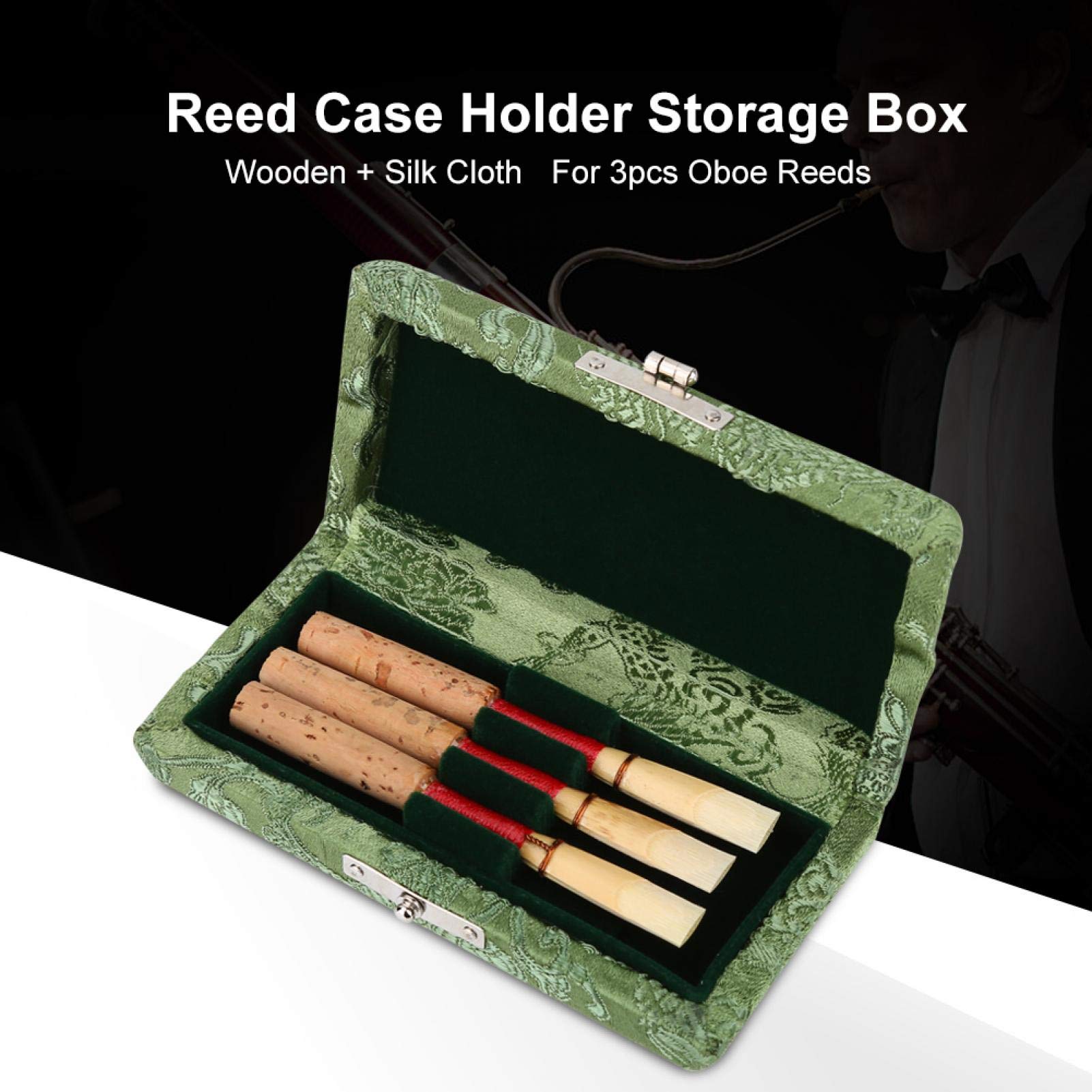 Custodia per Ance Oboe, Elegante Custodia Protettiva in Legno e Seta con Fori Traspiranti per 3 Ance Oboe, 90 x 45 x 20 mm, Scatola Organizzatrice con Velluto for Musicisti e Principianti