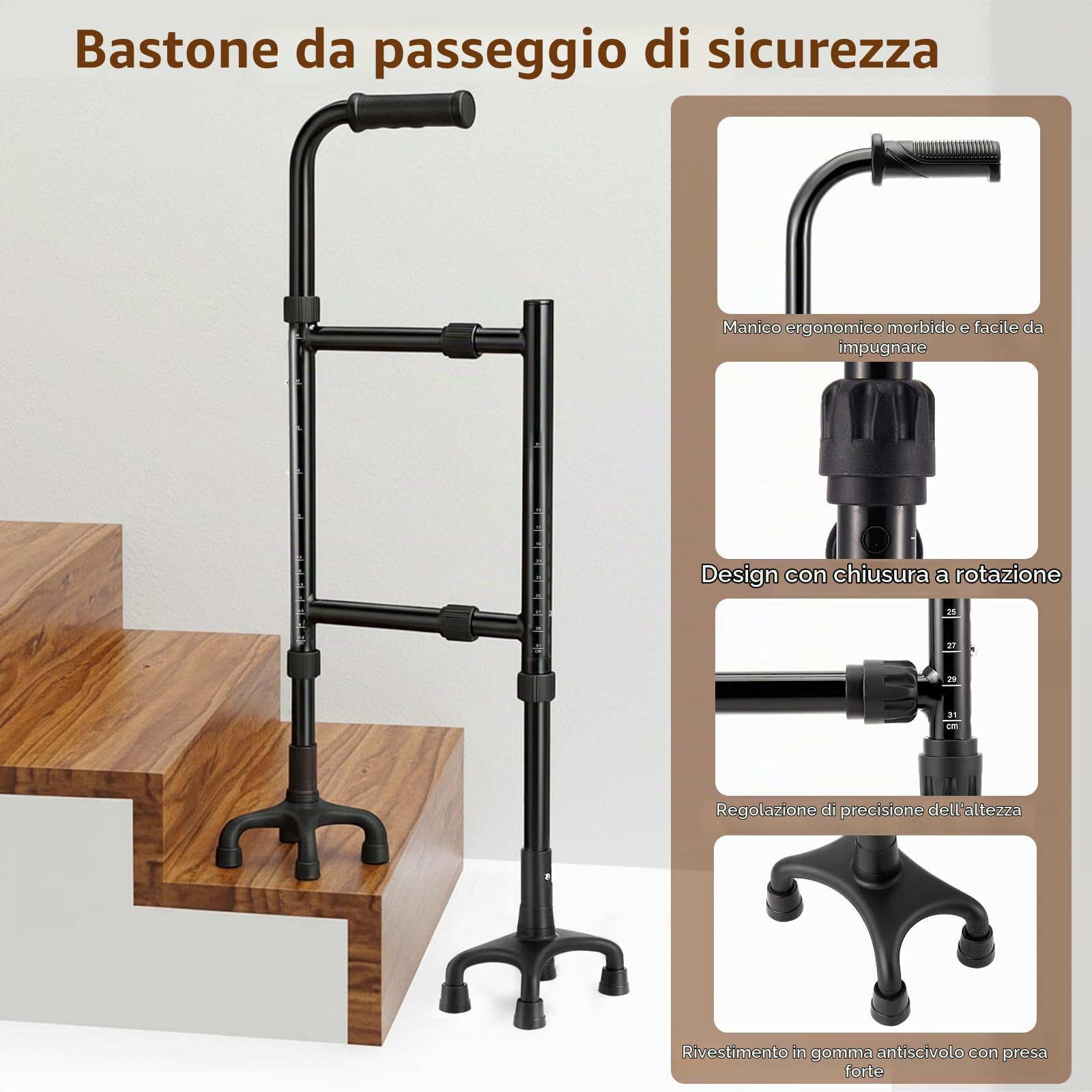 Bastone Passeggio, Ausilio Per Salire Le Scale Stampelle Per Anziani Altezza (85-115Cm) E Larghezza (22-36Cm) Regolabili Base Quadrupla Versatile Bastone Passeggio/Ausilio Salire Scale Design 2 In 1