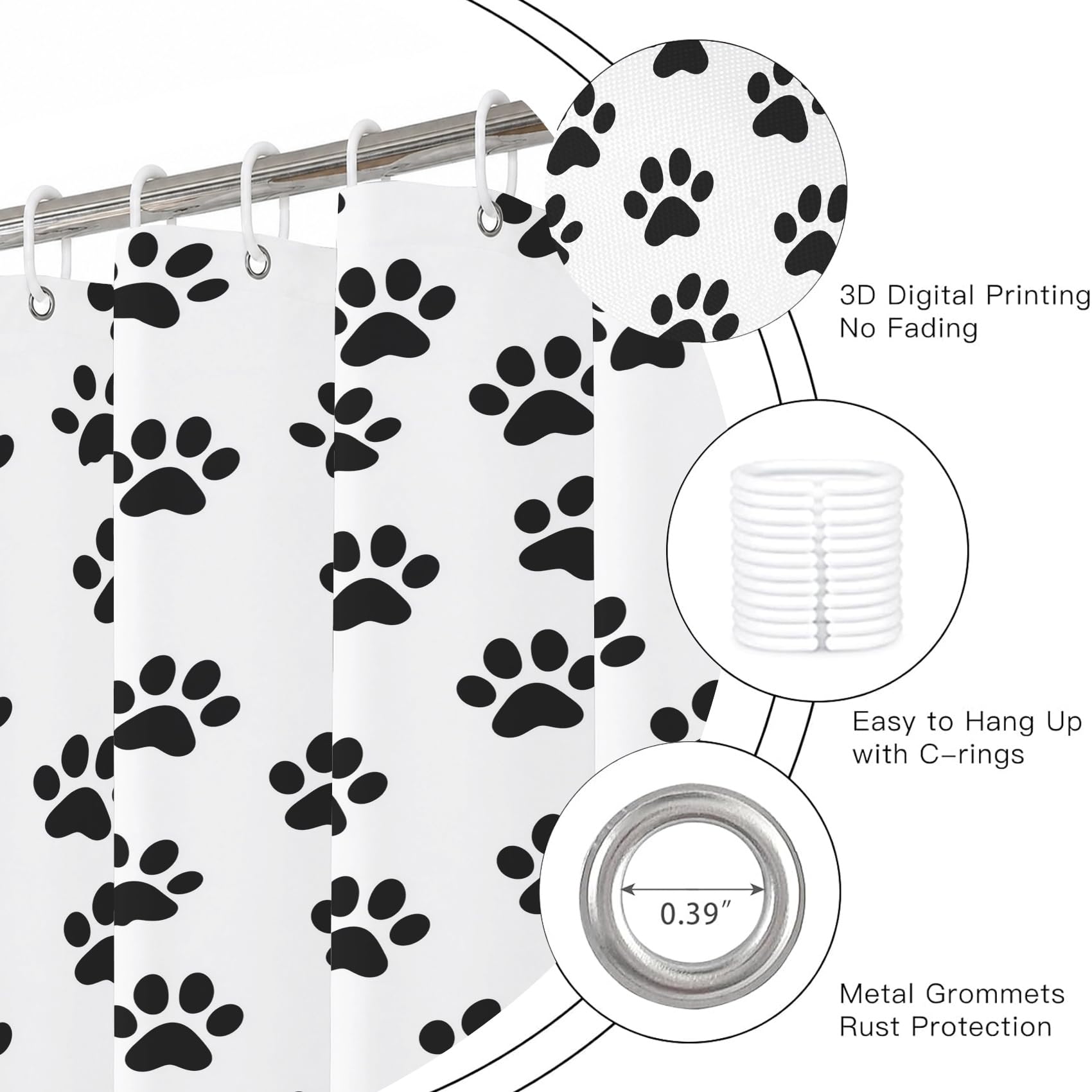 Générique Rideau de Douche Empreinte de Patte Noir Blanc 180x220cm | Rideau Douche Animaux de Compagnie Mignon Tissu Polyester Hydrofuge Rideau Baignoire pour Salle de Bain avec Crochets