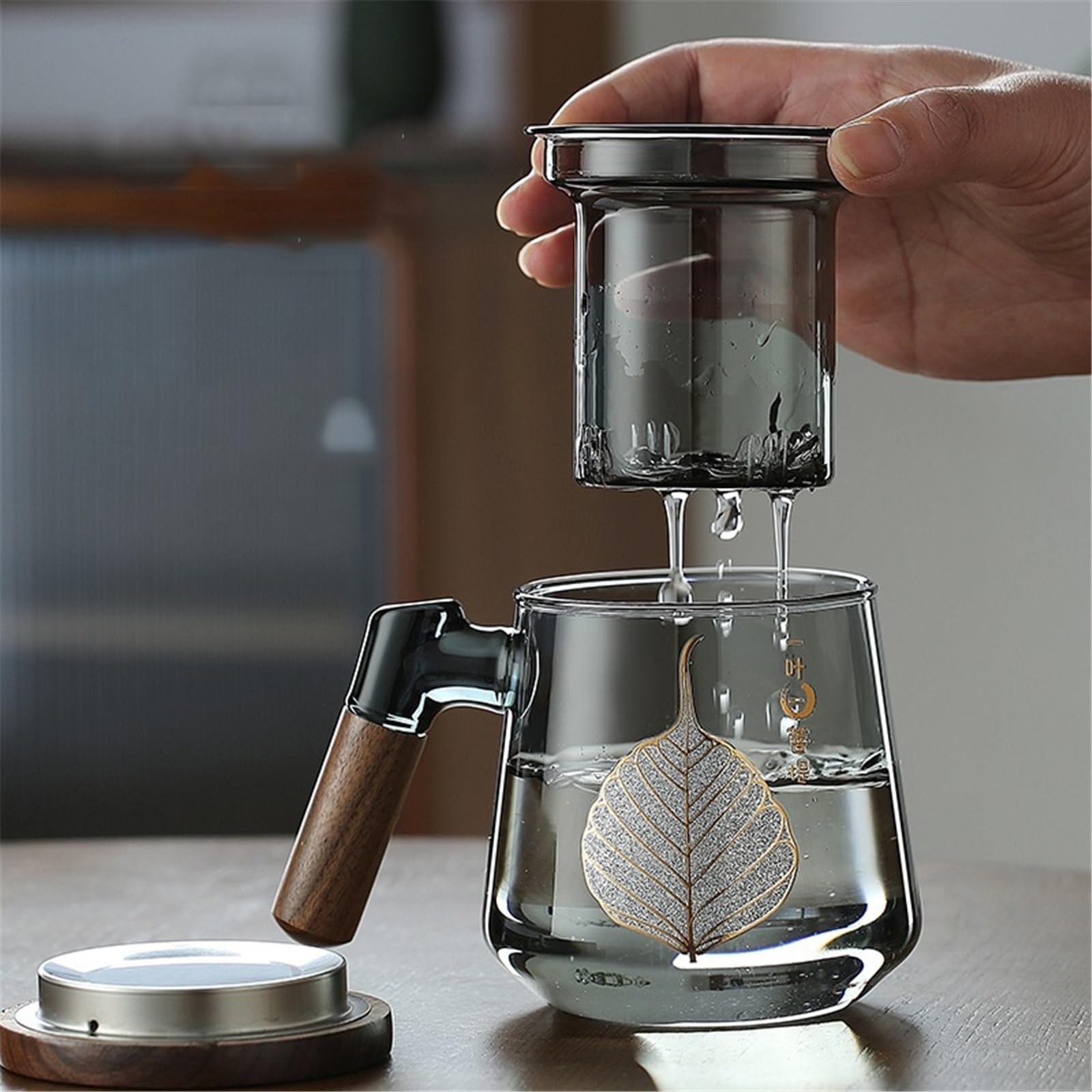 Cocina Taza de té vidrio con infusor y tapa, 15.2 oz Jugo(Grey)
