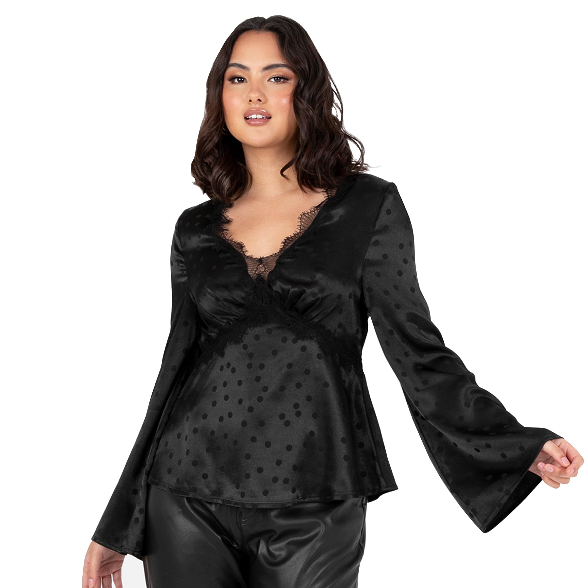 Lovedrobe Women's Satin Top Ladies Blouse Long Bell Sleeve V-Neck Peplum Polka Dot Print Lace Trim Smart Casual Office Wear Party Femme