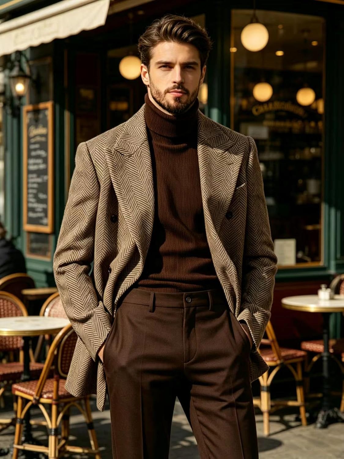 Mens Herringbone Tweed Blazer Double Breasted Peak Lapel Sport Coat Vintage Casual Business Suit Jacket