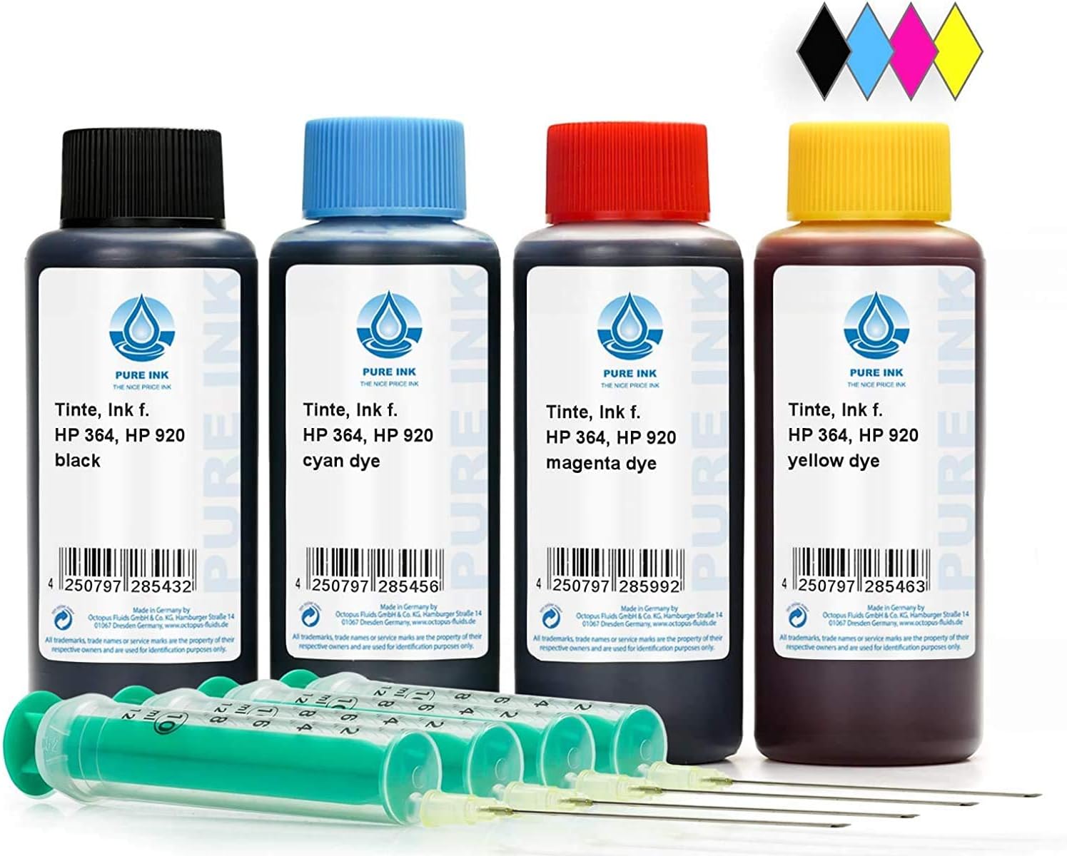 Octopus 4x 100 ml Pure Ink printer ink compatible for HP 300, 364, 920 printer cartridges, printer ink for HP Deskjet 3070 A, 3070, 3520, 3521, 3522, 3524, D 1600, D 1658, D 1660 etc. (No OEM)