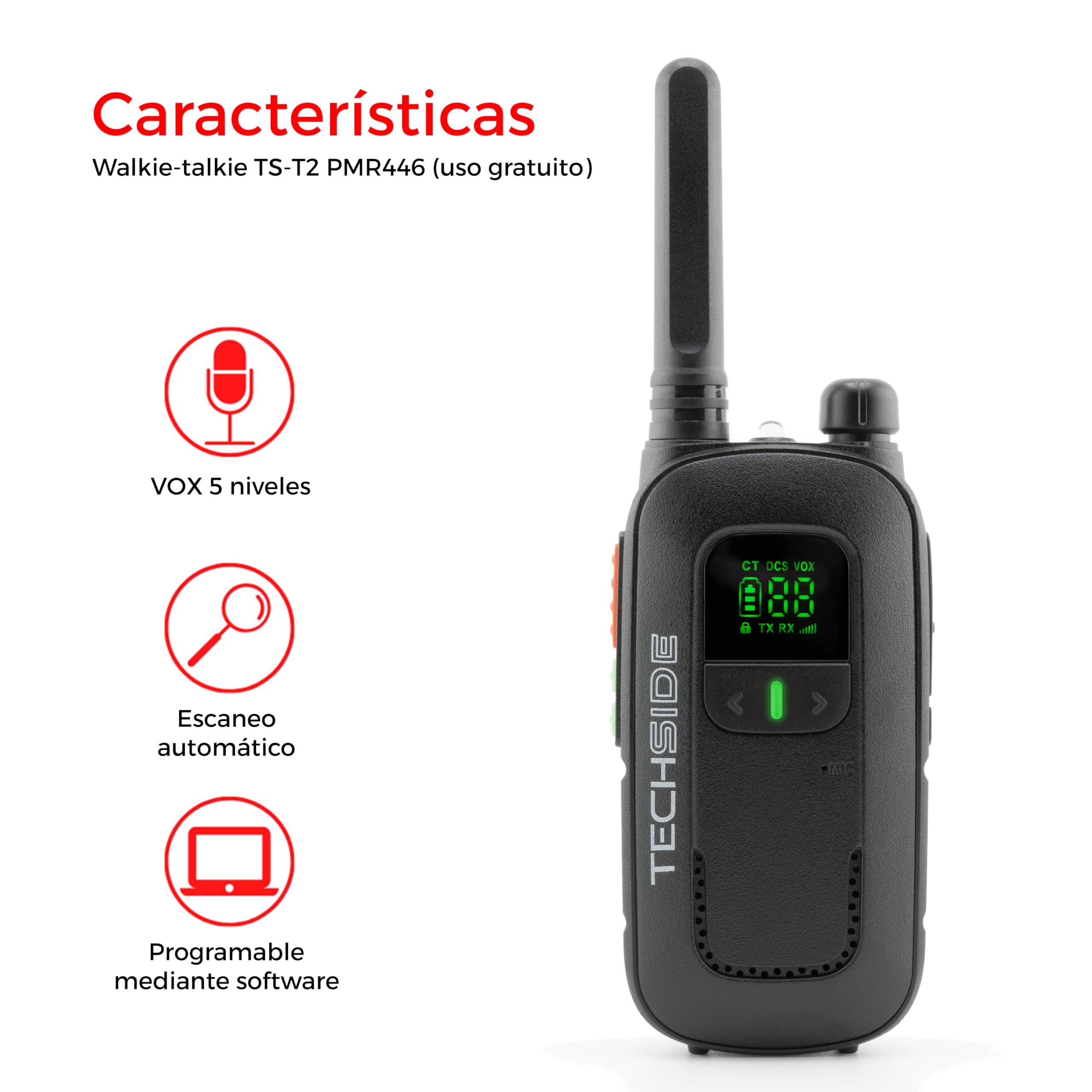 Techside TS-T2 Walkie-Talkie Profesional de 16 Canales PMR446 (Uso Libre) | VOX con 5 Niveles | Escaneo Automático de Canales | Auricular y Cargador USB Full Optional | Juego de 2 Piezas