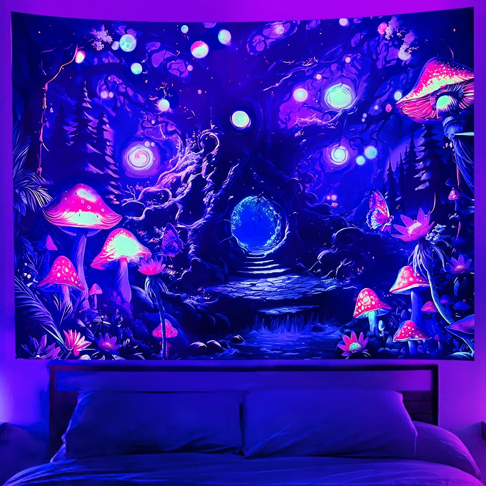 Arazzo Luminescente WEBEEDY Montagne Stelle - 130x150 Cm, Tenda Da Parete UV Reattiva Per Soggiorno E Cameretta