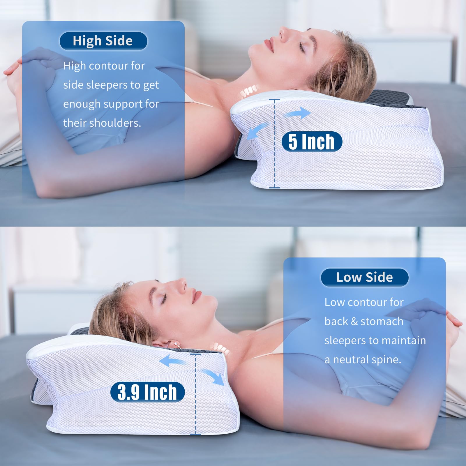 SAHEYER Oreiller Ergonomique Cervical, 2 en 1 Oreiller Memoire Forme pour la Nuque, Coussin pour Dormir sur Le côté, Le Dos et Le Ventre, 60x35,5x13/10 CM, Gris