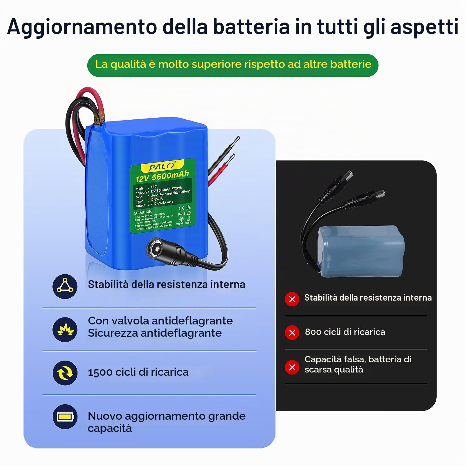 12V 5600mAh Batteria agli ioni di litio con caricabatterie e cavo di collegamento per radio, macchine fotografiche, videocamere, organo elettronico, lampada, telescopi, sonar