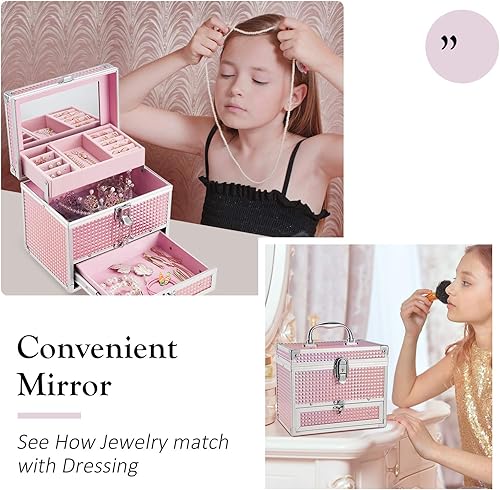 Miniatura 2 de Hododou Caja de maquillaje de joyería para mujer con espejo y bandeja con cerradura para cosméticos estuche de almacenamiento portátil para