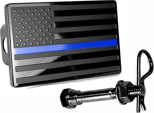 Cubierta de enganche de metal con bandera negra estadounidense de 5 x 3 pulgadas se adapta al receptor de 2 pulgadas negro con línea azul