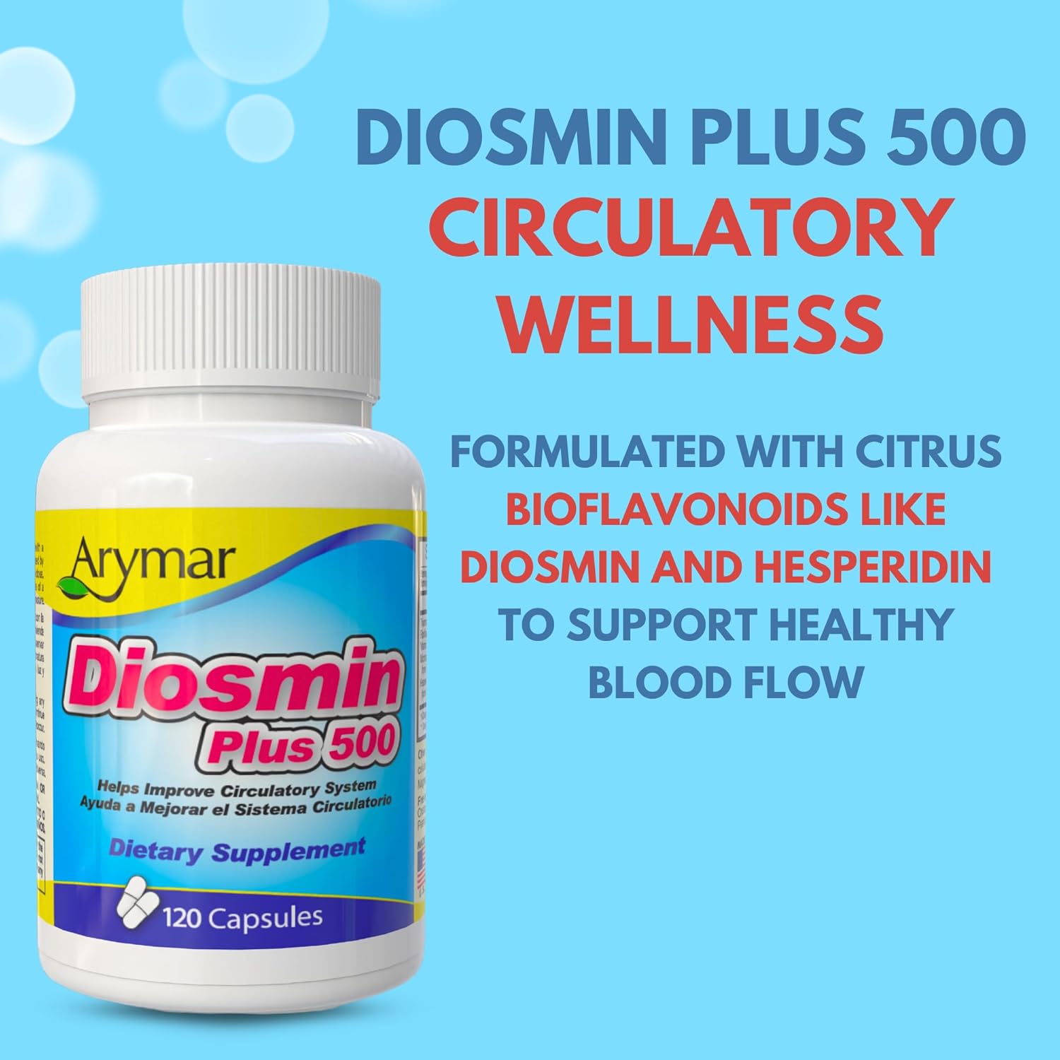 Arymar Diosmin Plus 500 - Circulatory System Support Supplement, 500mg, 120 Capsules