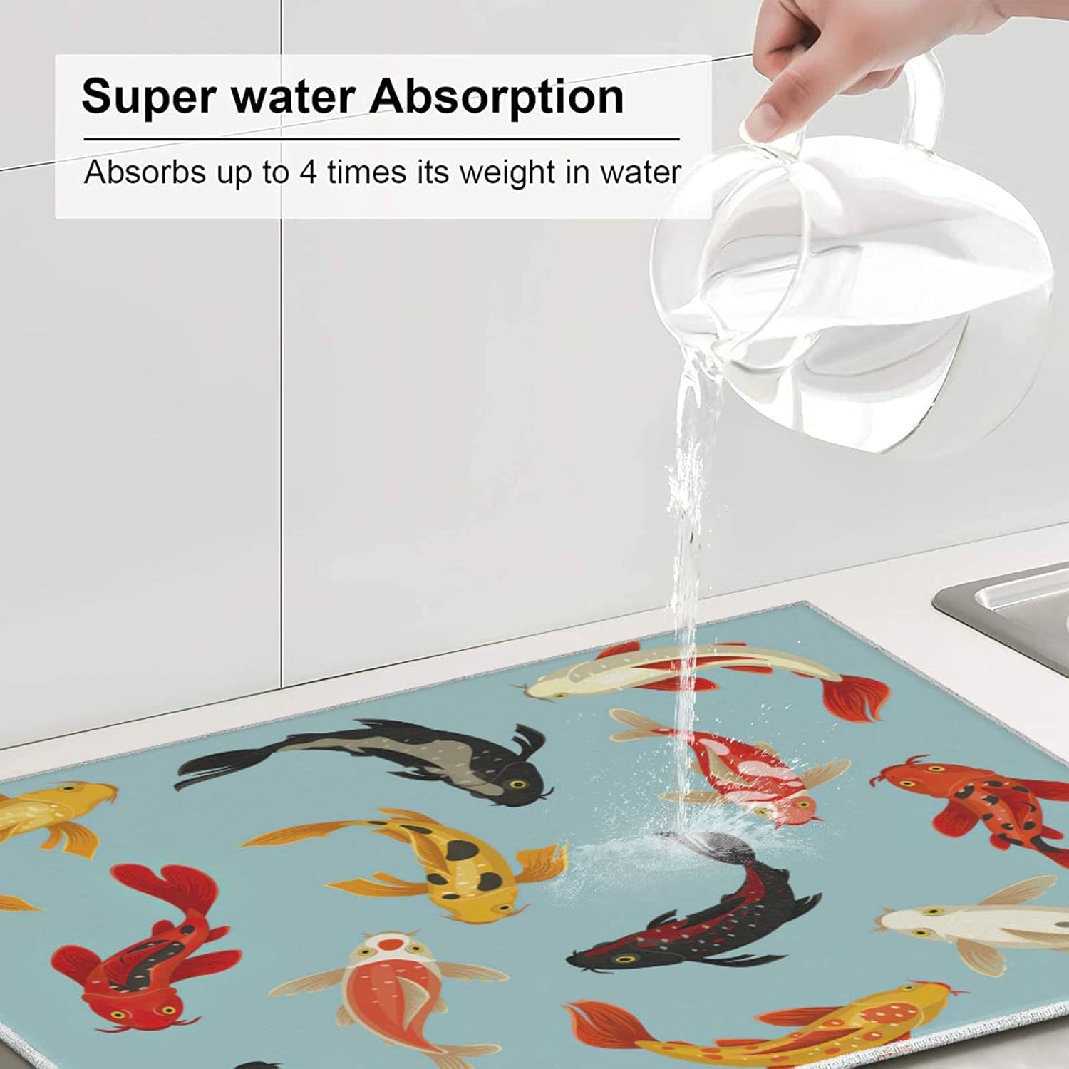 Koi Fish Dish Drying Mat for Kitchen,Absorbent Dishes Drainer/Rack Pad for Countertop,16 x 18 Inch 1 Pack