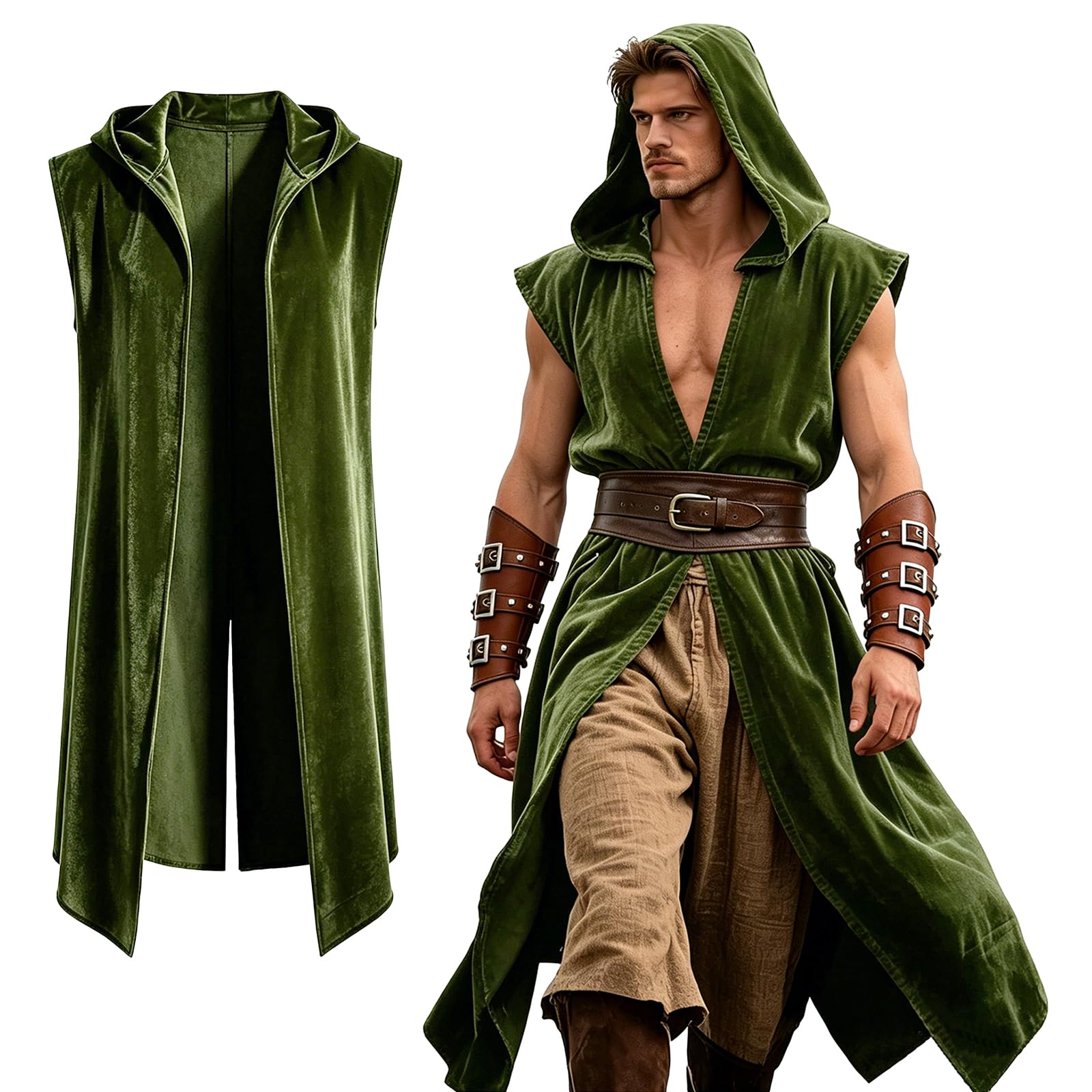 Medieval Hooded Vest Men Sleeveless Cloak Renaissance Tabard Sleeveless Tunic Viking Costume Halloween Assassin Cosplay Gothic Pirate Outfit for LARP Festival (Olive Green, L)