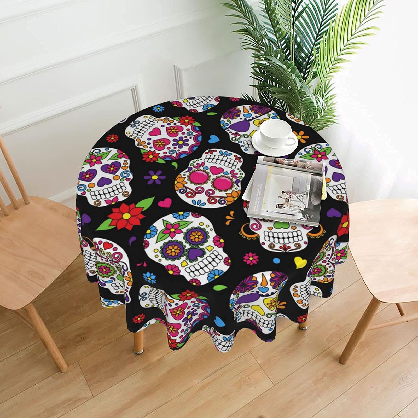 Tablecloth 60 inches Sugar Skull and Flowers Waterproof Washable Round Table Cloth Cover for Party Banquet Home Dinner Decor
