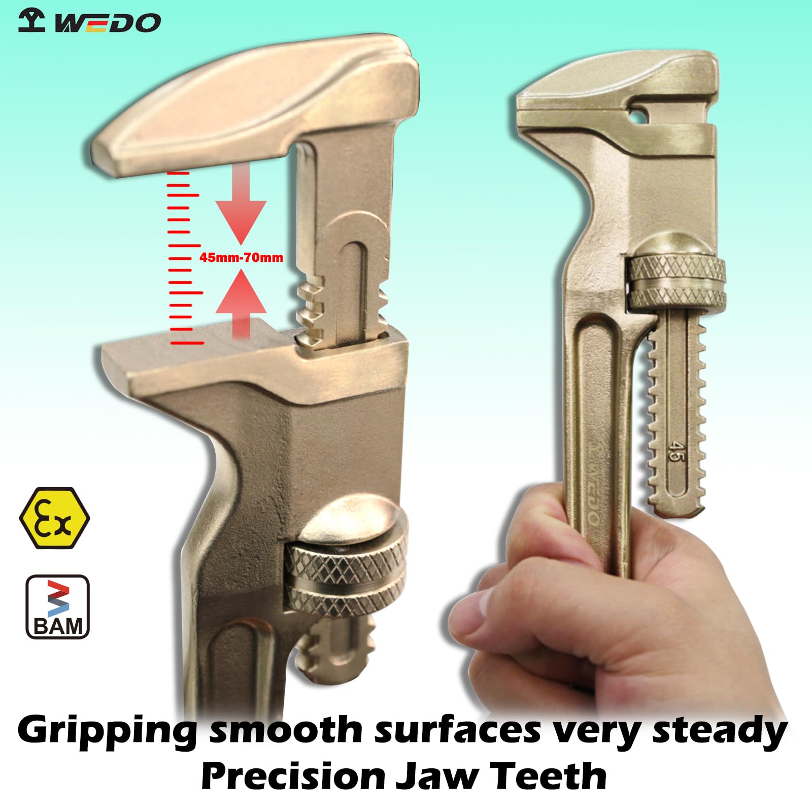 WEDO Juego de 3 llaves de tubo recto sin chispas, juego de llaves de fontanero resistentes de 254 mm, 305 mm, 350 mm, bronce de aluminio, resistencia a la corrosión, certificado BAM y FM, llave de