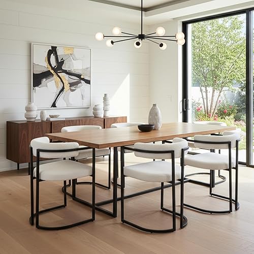 Miniatura 6 de Juego de 6 sillas de comedor de barril blanco, modernas sillas de comedor tapizadas de sherpa con reposabrazos y patas de metal negro, silla de