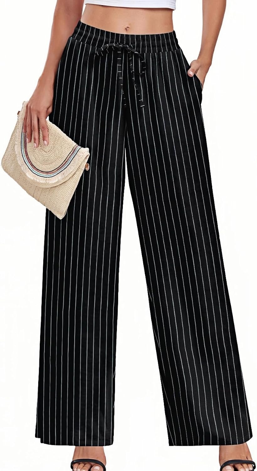 Women’s Casual Pants Loose Fit Palazzo Pant Elastic Waist Drawstring Tie Knot Trousers with Pockets