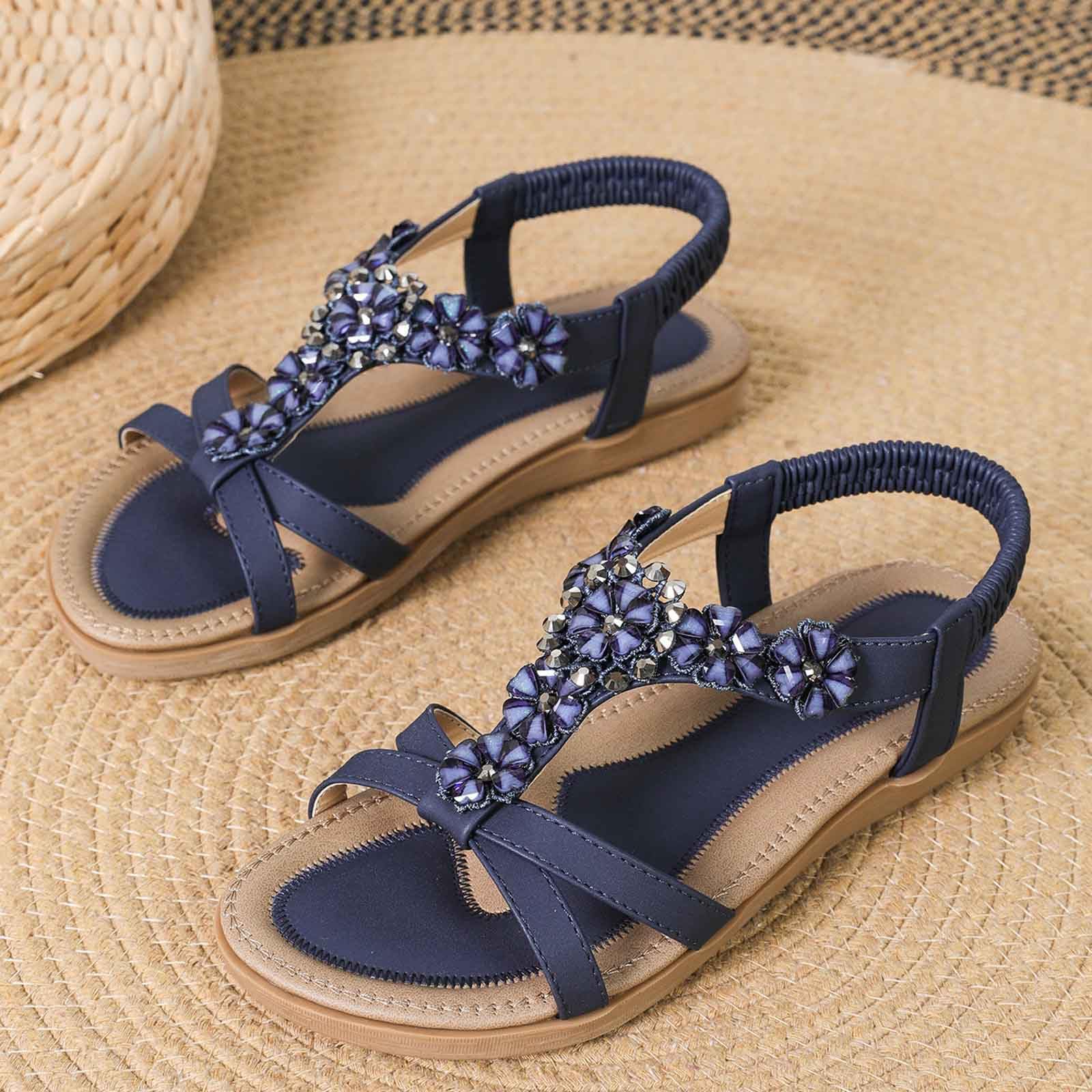 Women's Comfortable Casual Slip On Sandals Breathable Flat Beach Shoes Daily Wear With Lightweight Design Go Hike (Navy, 6)