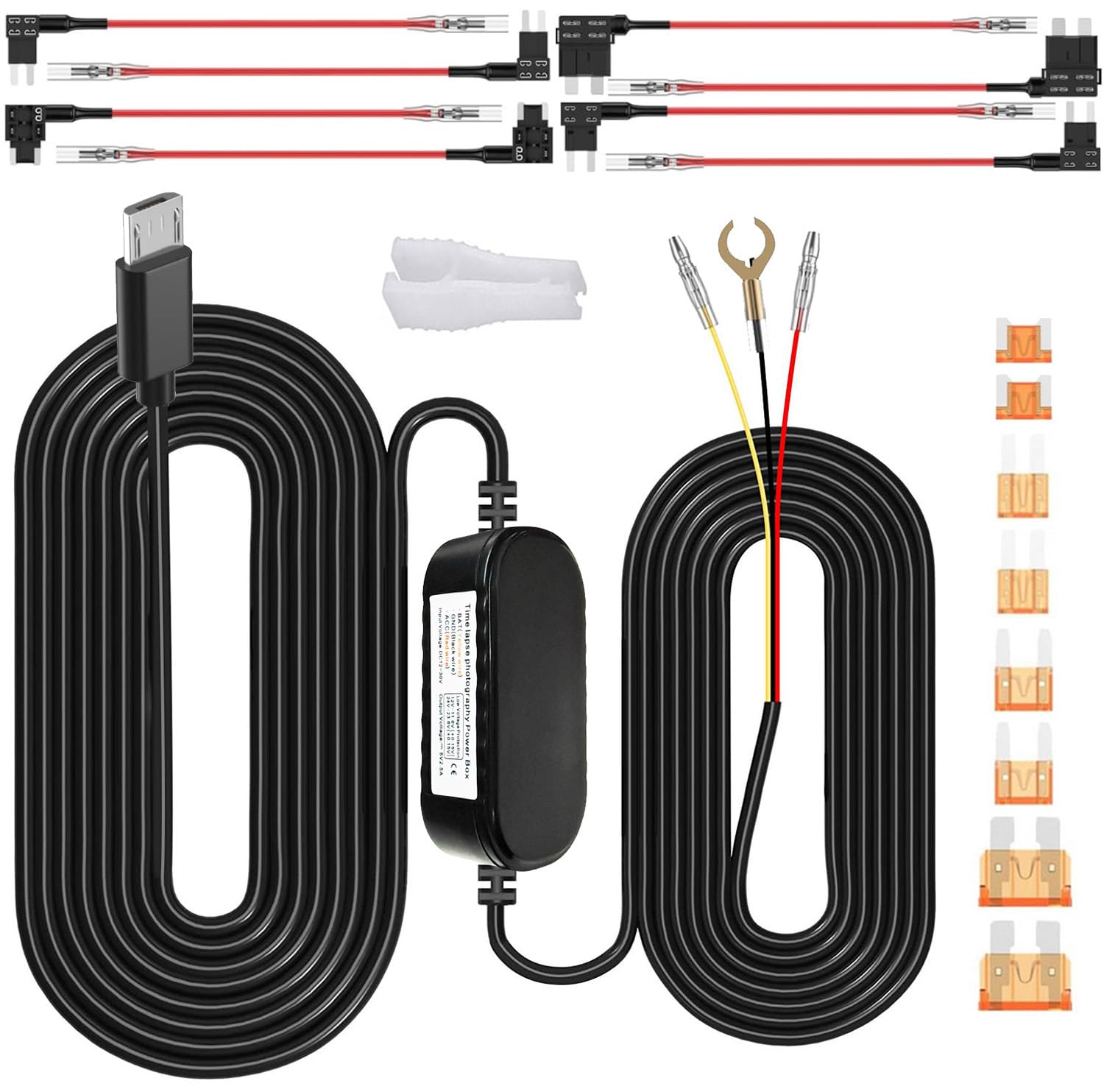 Gebildet Dash Cam Hardwire Kit, Car Dash Camera Micro Charger Hard Wire Kit for Dashcam DC 12-24V to 5V/2.5A Low Voltage Protection 24h Parking Surveillance with Fuse Tap — image 1