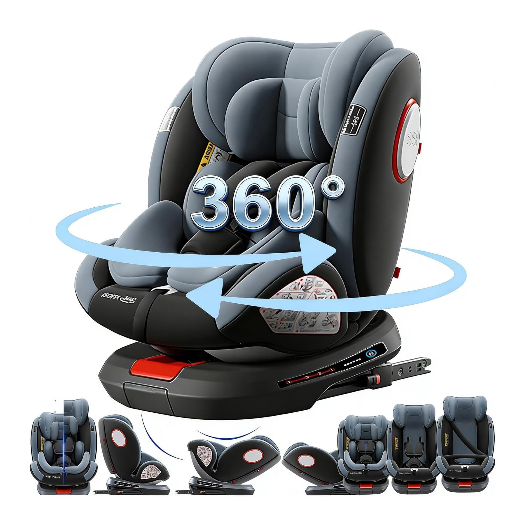 Magic ZC 360° Drehbar Kindersitz Auto, Höhen-und Neigungsverstellung Kindersitz, Kollisionsschutz Autositz Kinder, Leicht zu Reinigen Auto Kindersitzs (Grey without Foot Rest Frame)