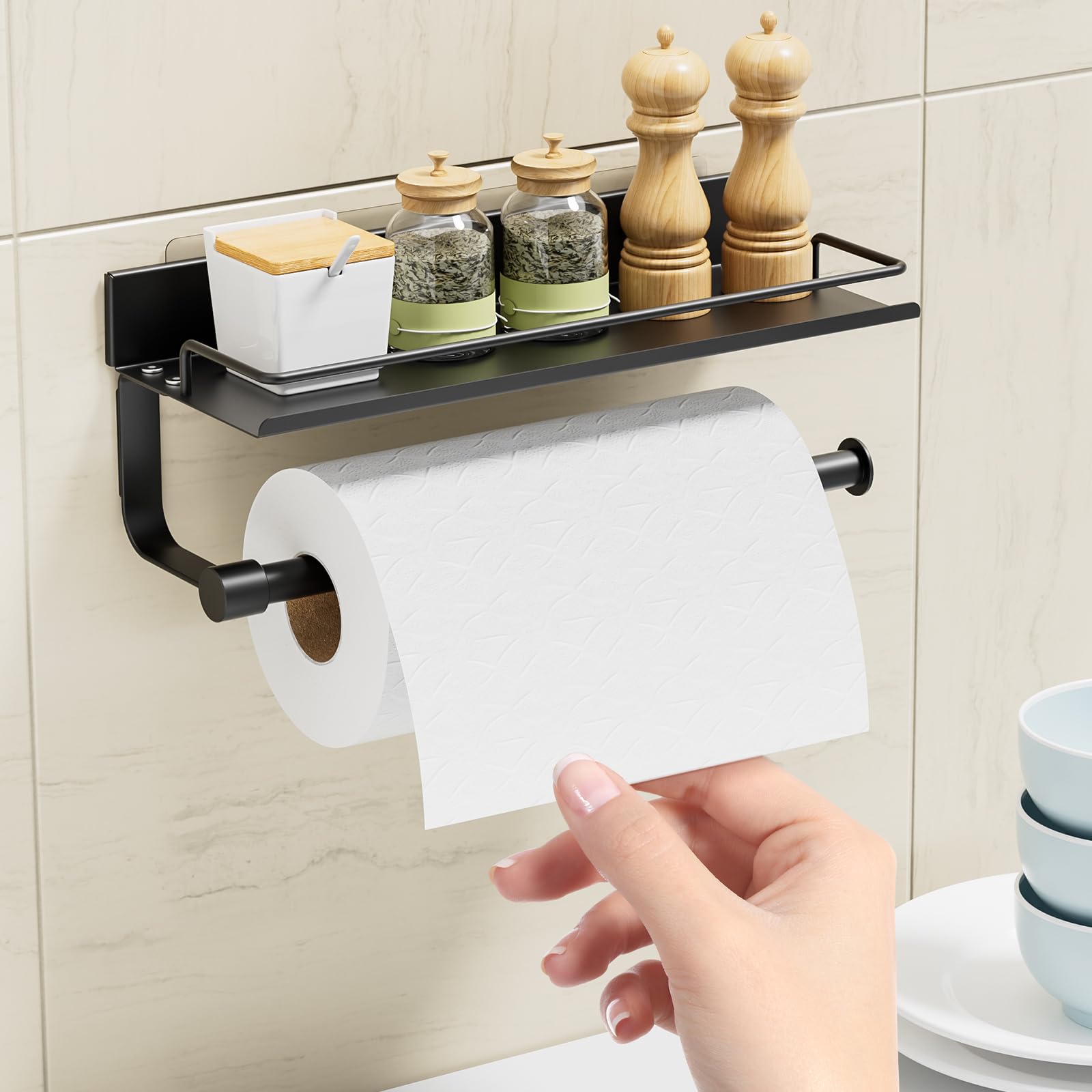Toallero de mano para baño, soporte de pared autoadhesivo para toallas de papel, soporte de pared para cocina, ideal para caravana, color negro mate 2