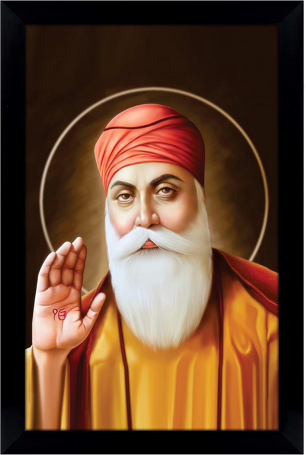 Guru Nanak Dev Ji Giving Blessings Sikh Religious Poster With Frame Wooden Photo Frame Ready To Hang Must For Home/Office/Gift Purpose
