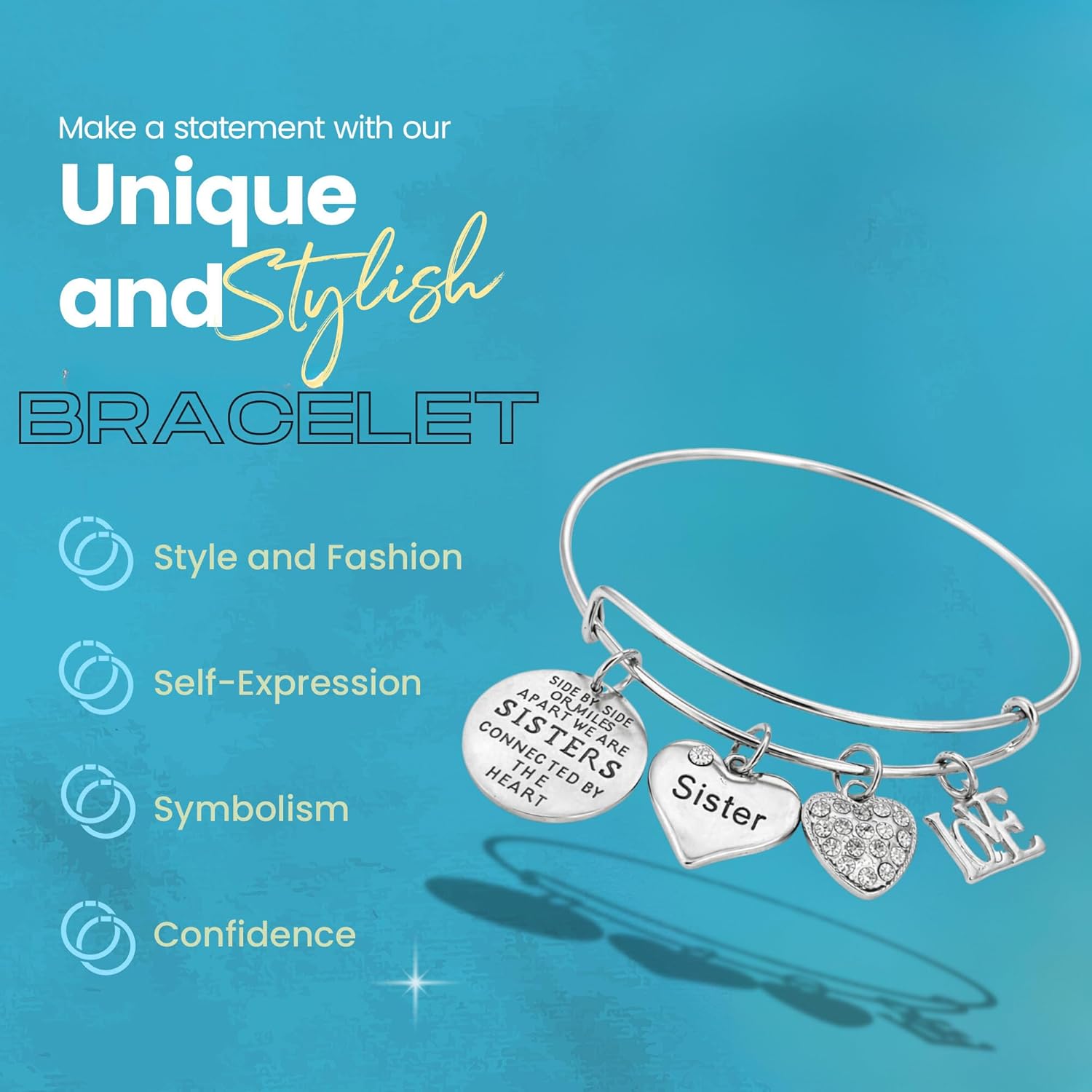 Infinity Collection Sister Charm Bangle Bracelet for Women- Side By Side or Miles Apart, We are Sisters Connected By the Heart Jewelry, Gift for Sisters - Image 3