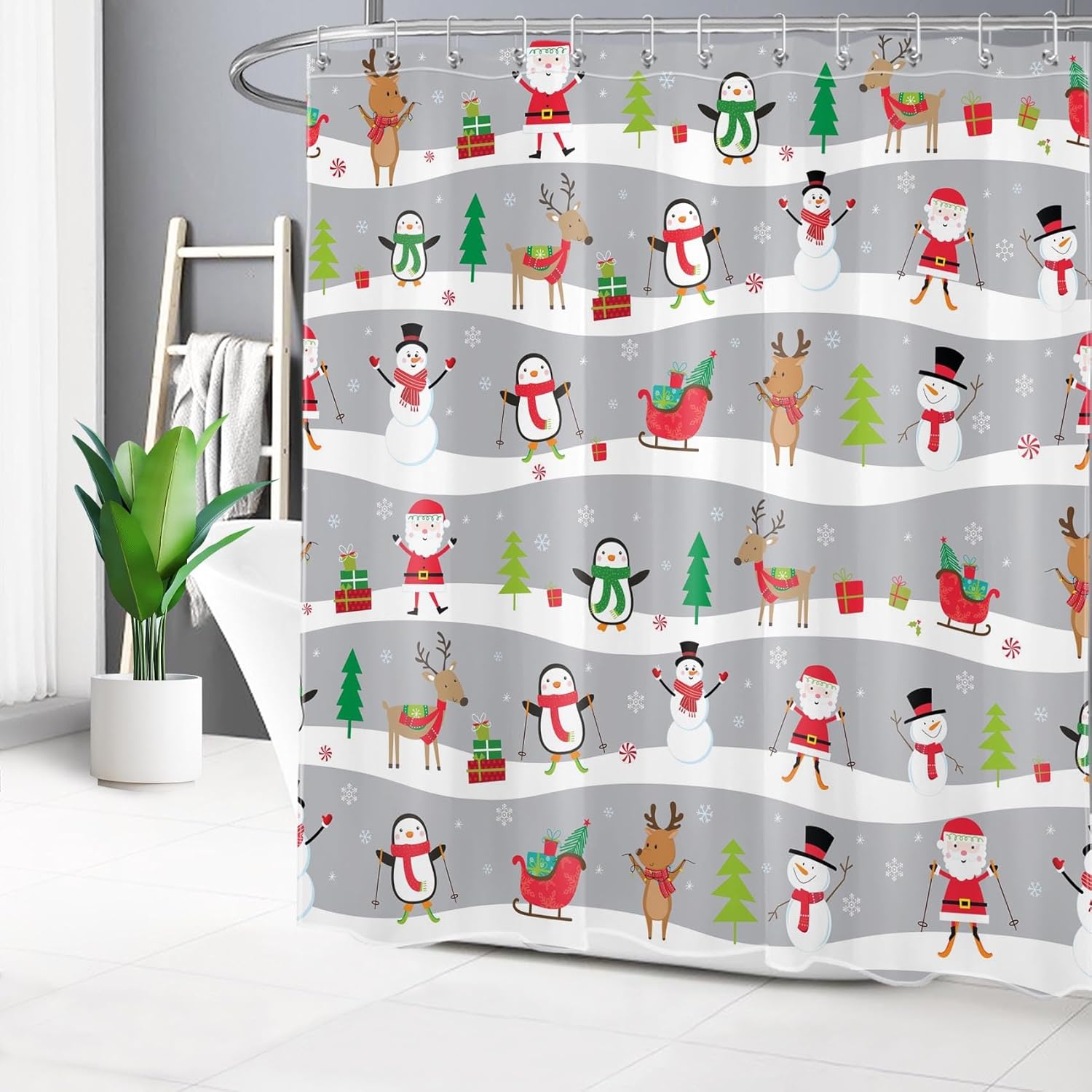HVEST Christmas Shower Curtain for Kids Bathroom Decor, Cute Santa Claus Penguin Snowman Elk Shower Curtain with Hooks Set Snow Winter Polyester Waterproof Fabric Bath Accessories,72x72 Inches