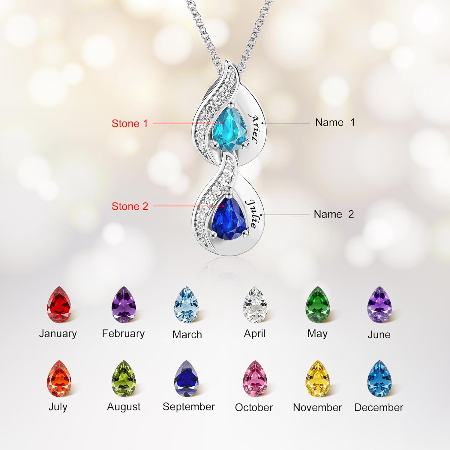 925 Sterling Silver Birthstone Necklace for Women Personalized Mother Necklace with 1-5 Names Personalized Jewelry Gift for Women