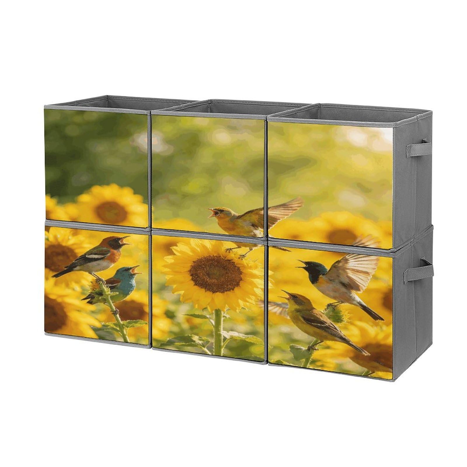Fodpand Style Sunflowers And Songbirds Cube Bins With Double Handles,Set Of 6 Cube Organizer, Stackable And Foldable Storage Bins For Organization, Closet, Shelves, Offices