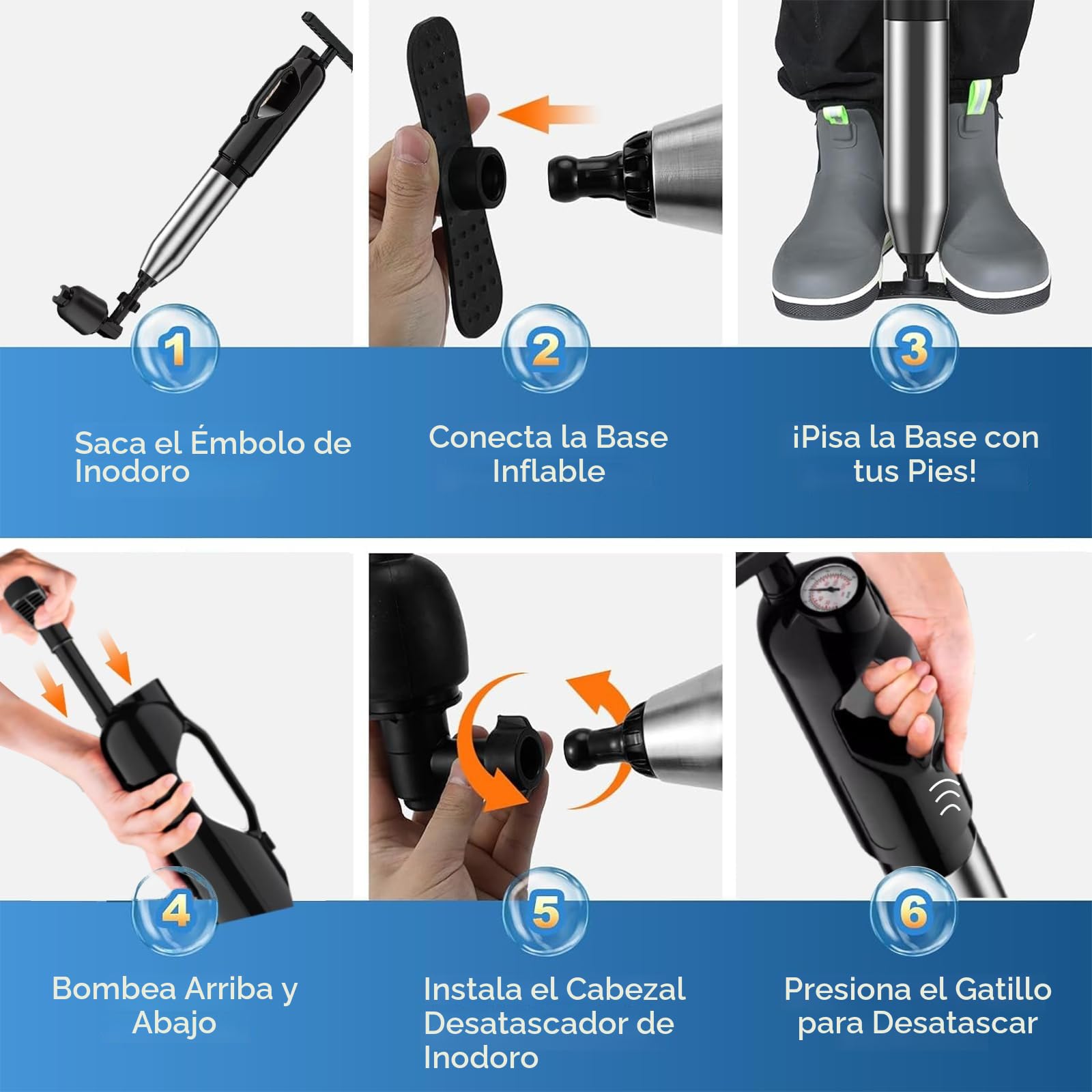 Desatascador de Tuberías con Aire Comprimido, Limpiador de inodoro con para Desagües e Inodoro Desatascador Inflable de alta presión para Inodoro Lavabo Bañera Tubería Plato (2ª gen, Negro)