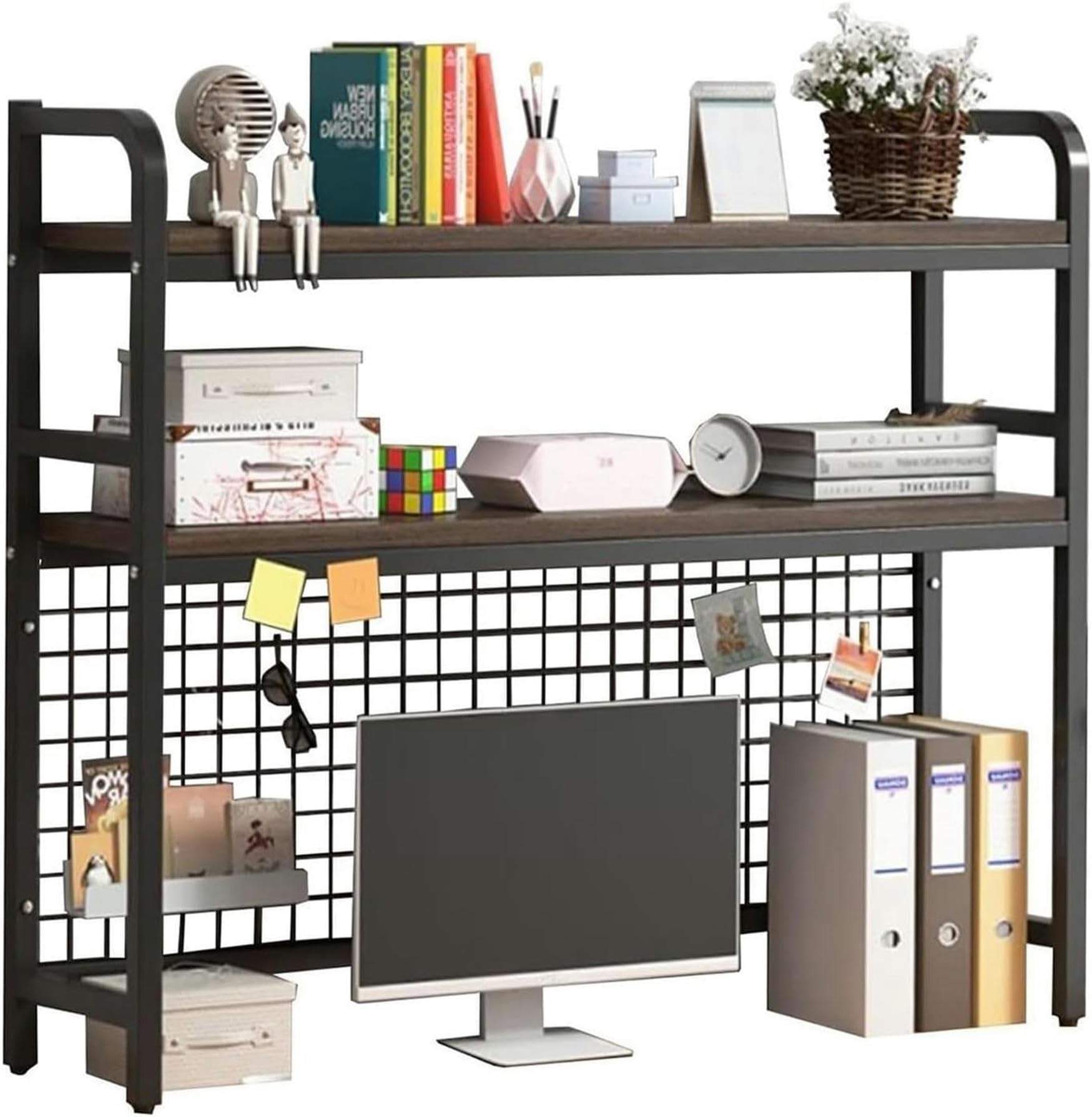 CWCQGH Desktop Bookcase for Computer Desk - 2-Tier Metal Grid Organizer, Adjustable Freestanding Bookshelf & Storage Rack for Office, Home, and Countertop,55x20x98cm
