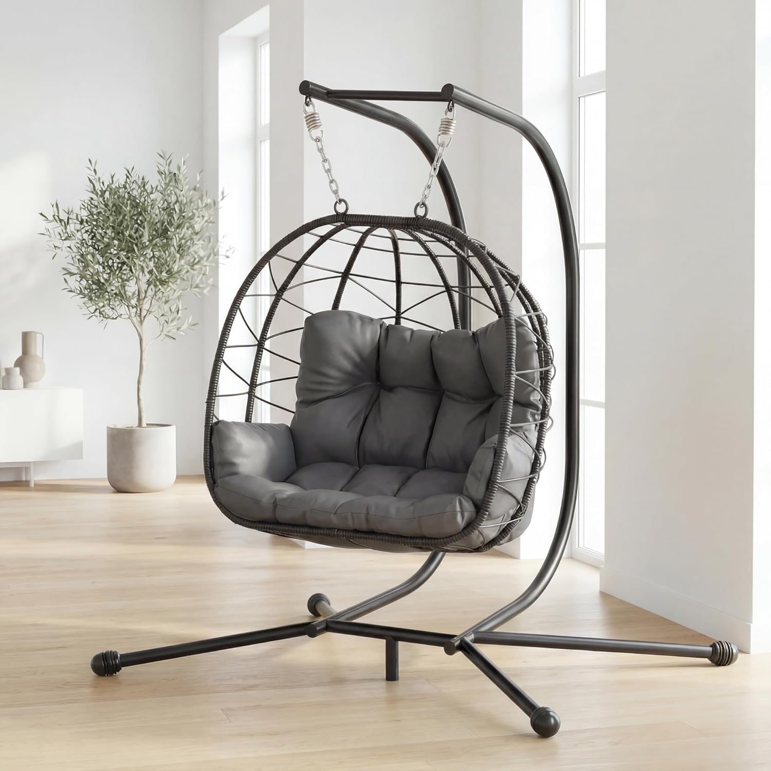 Pamapic Double Egg Chair wth Stand, 700 LBS Loveseat Rattan Swing Chair, UV Resistant Cushions with Armrests and Headrest, Thick Steel Frame Hammock Swing for Outdoor, Patio, Indoor(Grey)