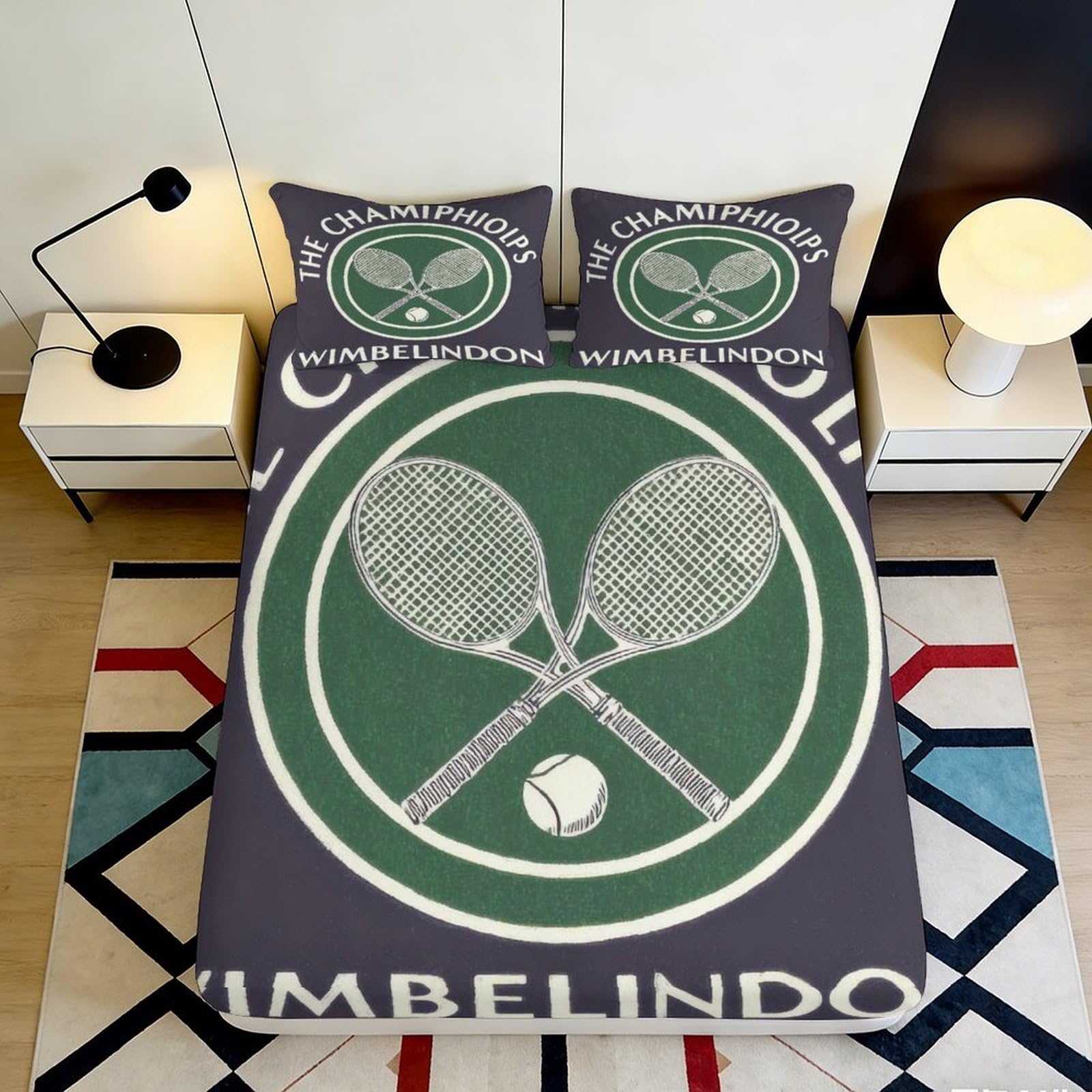 Jqzkxnhpbr Style-8 3D Printed Tennis Racket Fitted Sheet Microfiber Soft Breathable Wimbledon Badge Bed Cover For Bedroom Guest Room Dorm 90X200x25cm