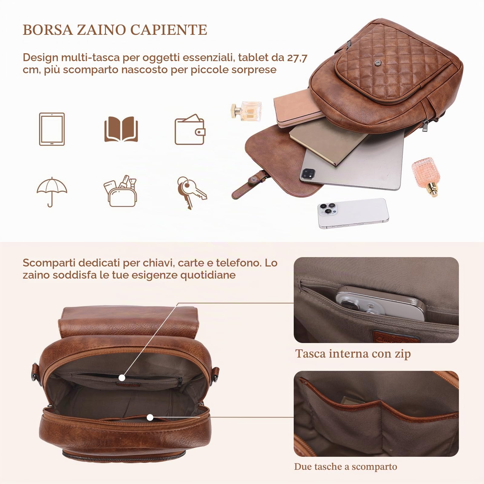 Chase Chic Borsa Zaino Donna, Zaino Antifurto Elegante Zaino Casual in Pelle Borsa a Tracolla Impermeabile per Scuola Viaggio Lavoro Shopping, Marrone