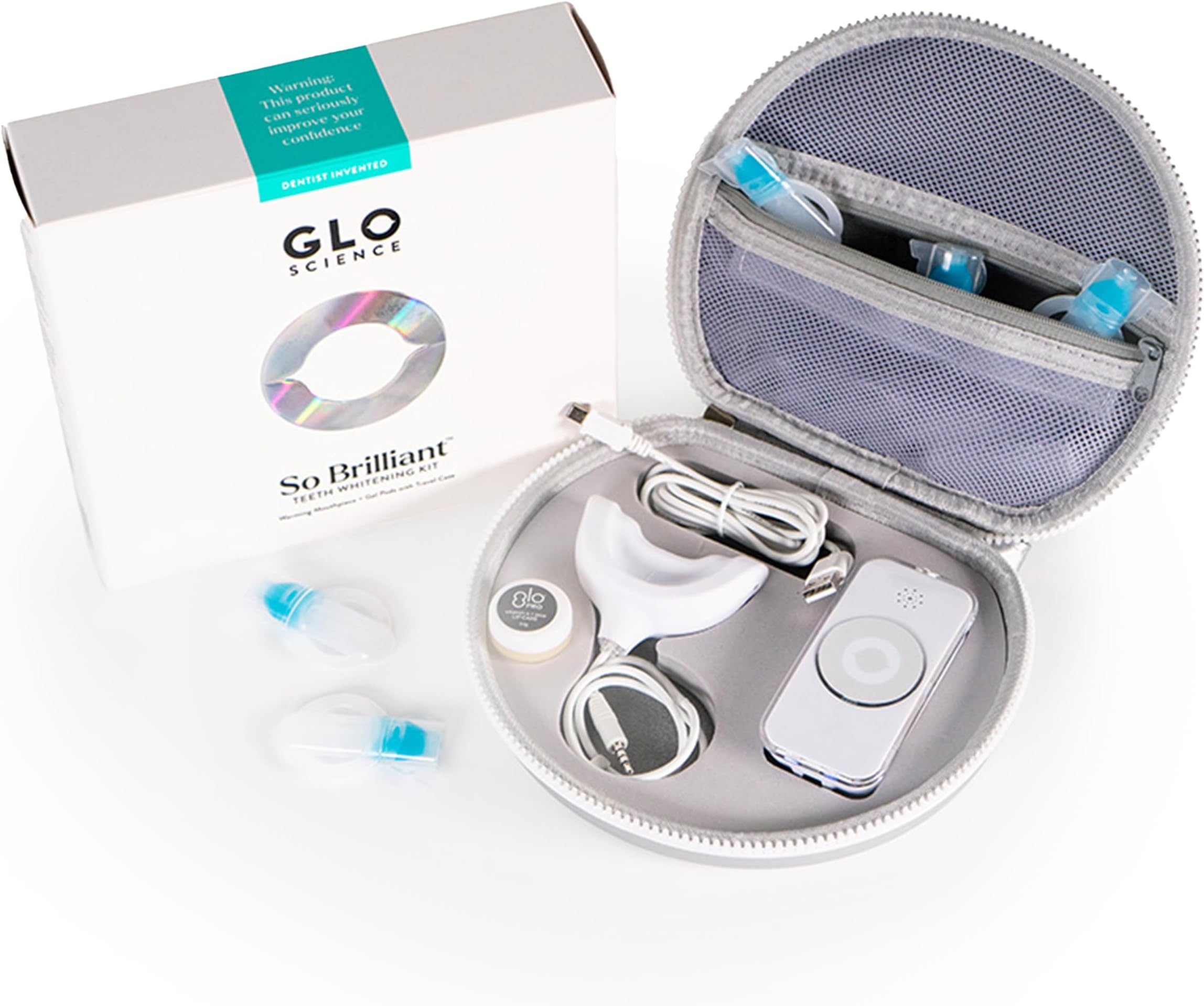 GLO Science So Brilliant Tooth Whitener Set – Fast, Sensitivity Free Teeth Whitening Technology – Includes Warming Mouthpiece with LED Light, 6% Hydrogen Peroxide Gel Pods, Lip Balm, & Travel Case