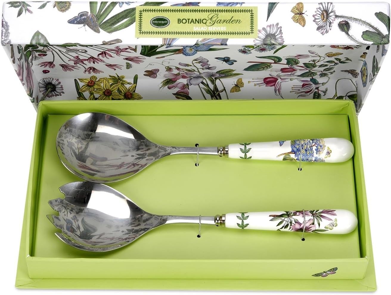 x Botanic Garden Set of 2 Salad Servers - Stainless Steel Serving Utensils with Multi-Colour Porcelain Handles, Durable and Stylish for Tossing and Serving Salads