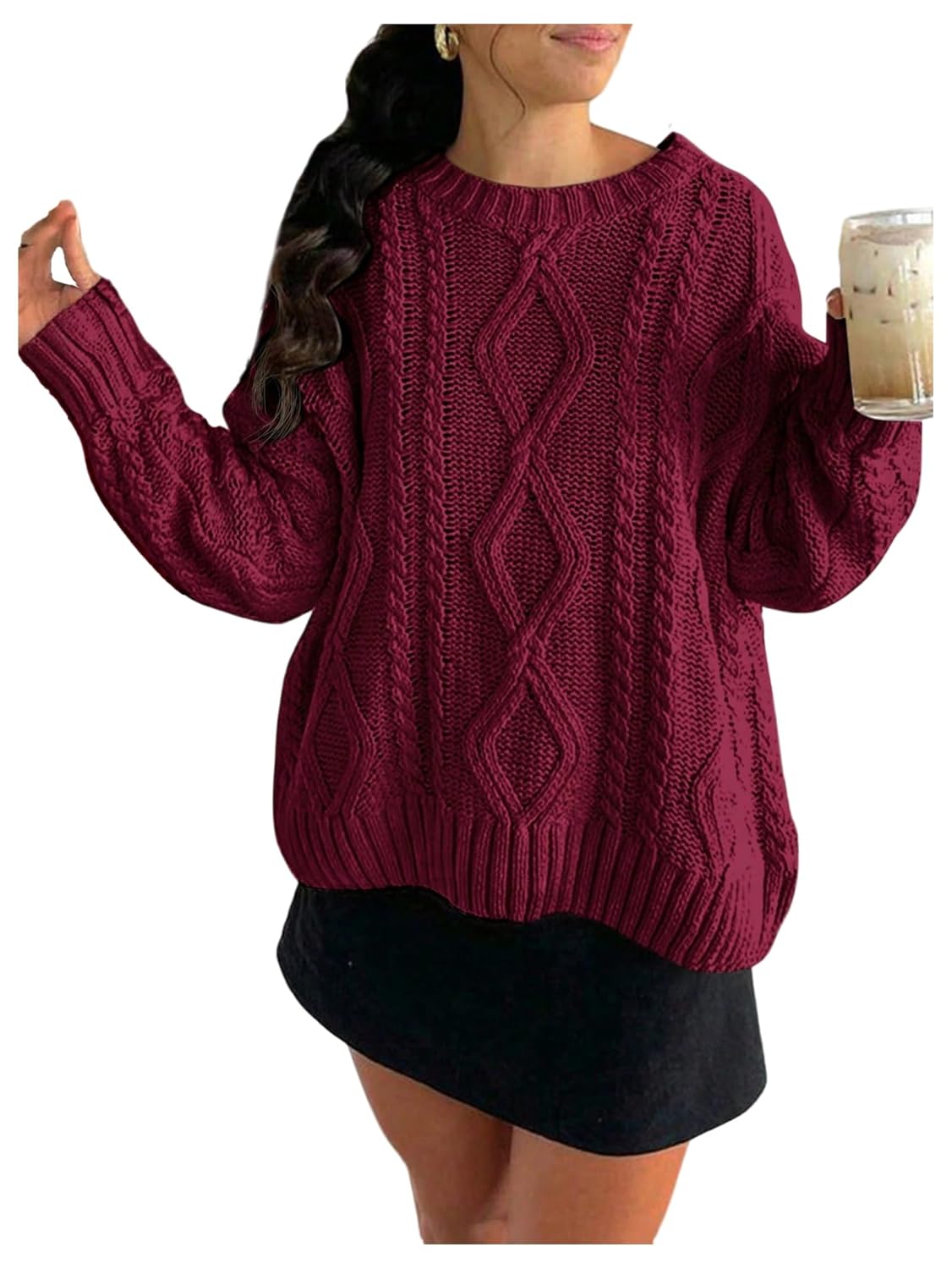 GORGLITTER Womens Oversized Sweaters Cable Knit Long Sleeve Crew Neck Chunky Pullover