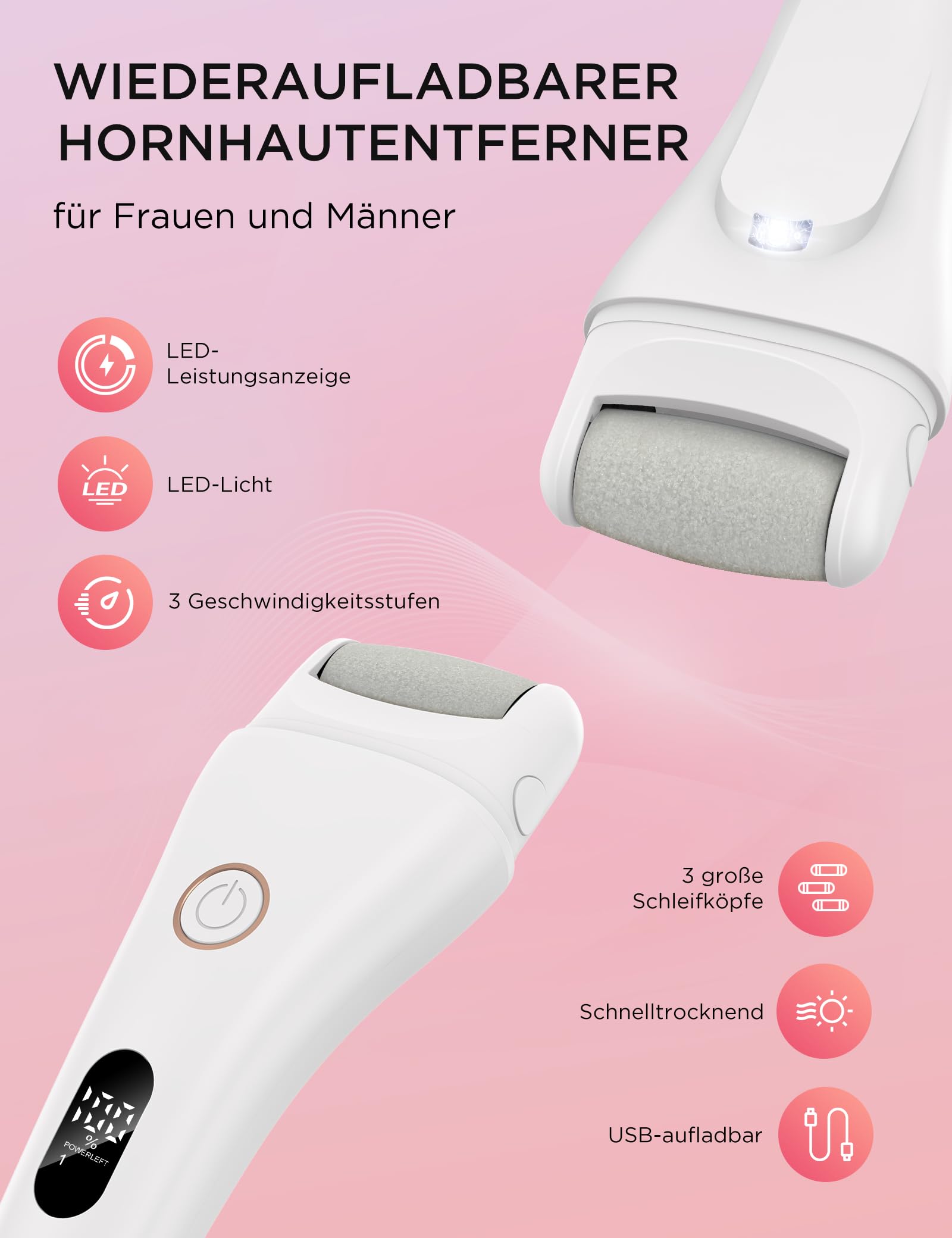 Hornhautentferner Elektrisch,Pediküre Set Fußpflege Elektrisch mit 3 Rollen,3 Gear USB Elektrischer Hornhautentferner mit Arbeitslicht für Hornhaut Entfernen fuß,Rissige Fersen,Tote Haut,Wasserdicht