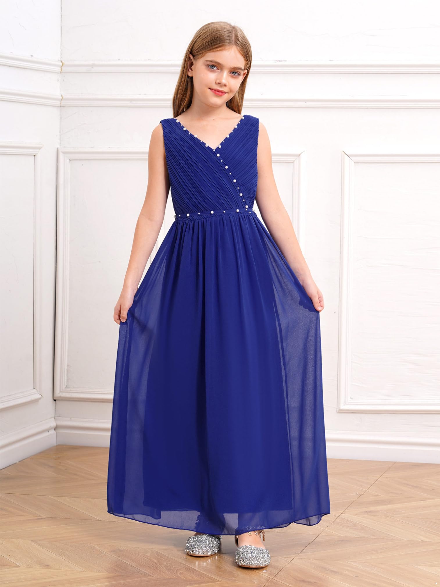 ranrann Robe de Cérémonie Fille Long sans Manches avec Perles Nœud Papillon | Robe Mariage,Demoiselle d'Honneur,Princesse,Bal,Soirée,Communion,Fête,Anniversaire pour Enfant 5-16 Ans