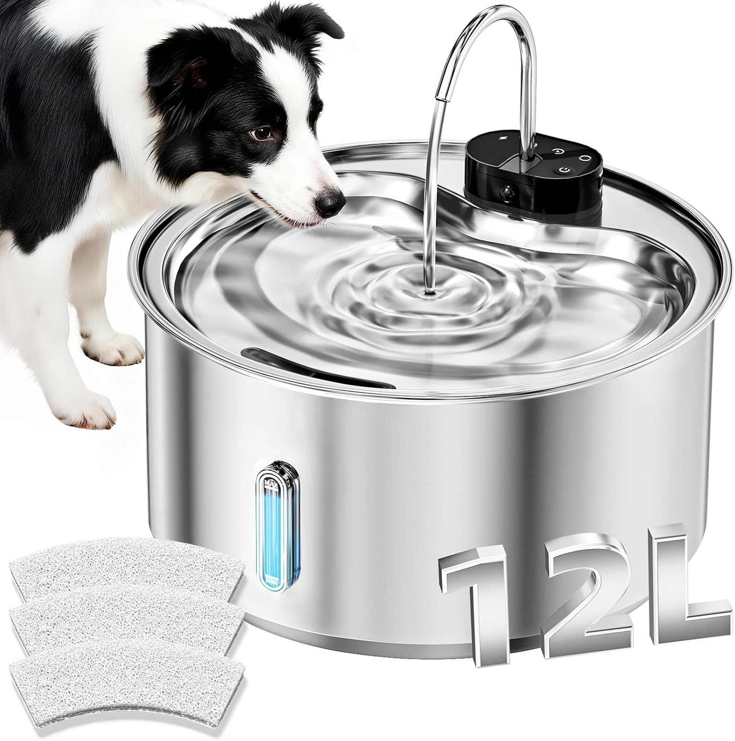 Cordless Dog Water Fountain,12L/3.2 Gal Battery Operated Automatic Pet Water Dispenser with Infrared Sensor, Stainless Steel Water Bowl for Large Dogs & Multi-Pets, 3 Modes(3 Filters)
