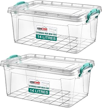 Best House | 14L | Plastic Storage Box with Clips & Lids | Size L49.2cm W32.4cm H13.6cm| Set of 2 | Flat Shape |Stackable Clear Multipurpose Home Office Kitchen Tools Crafts Bits N Pcs -14 Litres