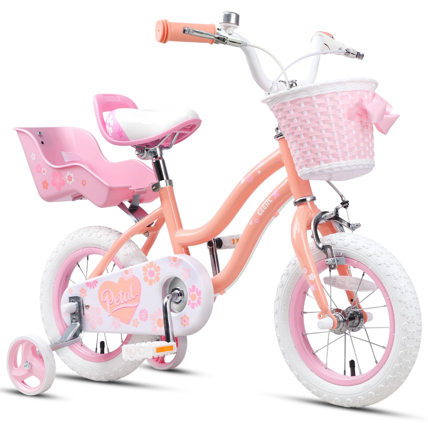 Glerc 12 Inch Kids Bike for 2 3 4 Years Old Girls,Princess Style with Streamers & Basket & Stabilisers, Peach