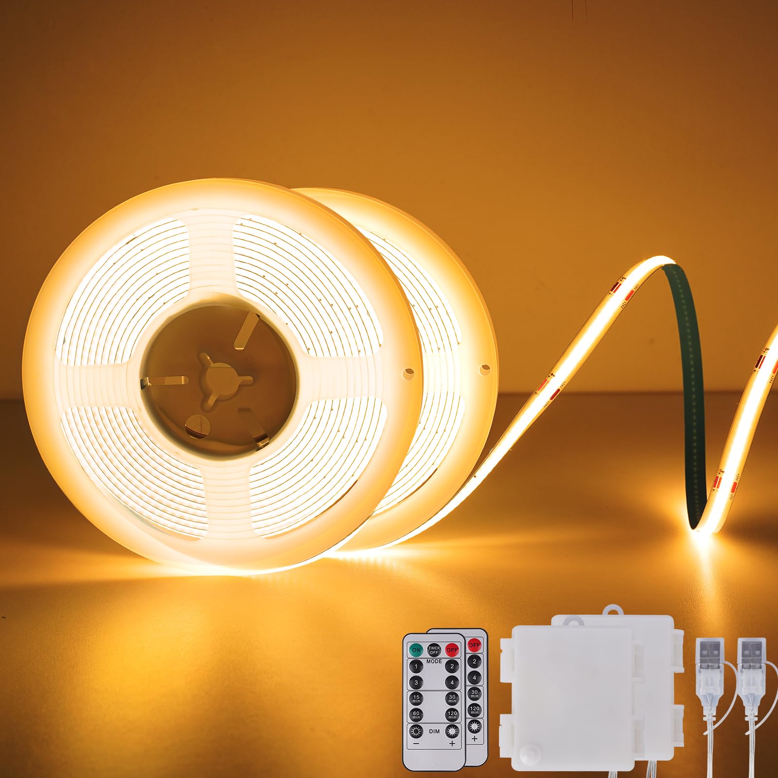 OMIKA COB LED Strip Lights, 2700K Warm White Battery Powered 640LED 6.56FT Strip Lights with Remote Timer Dimmable Flexible Cuttable Tape Lights for Cabinet Shelves Bedroom (2 Pack)