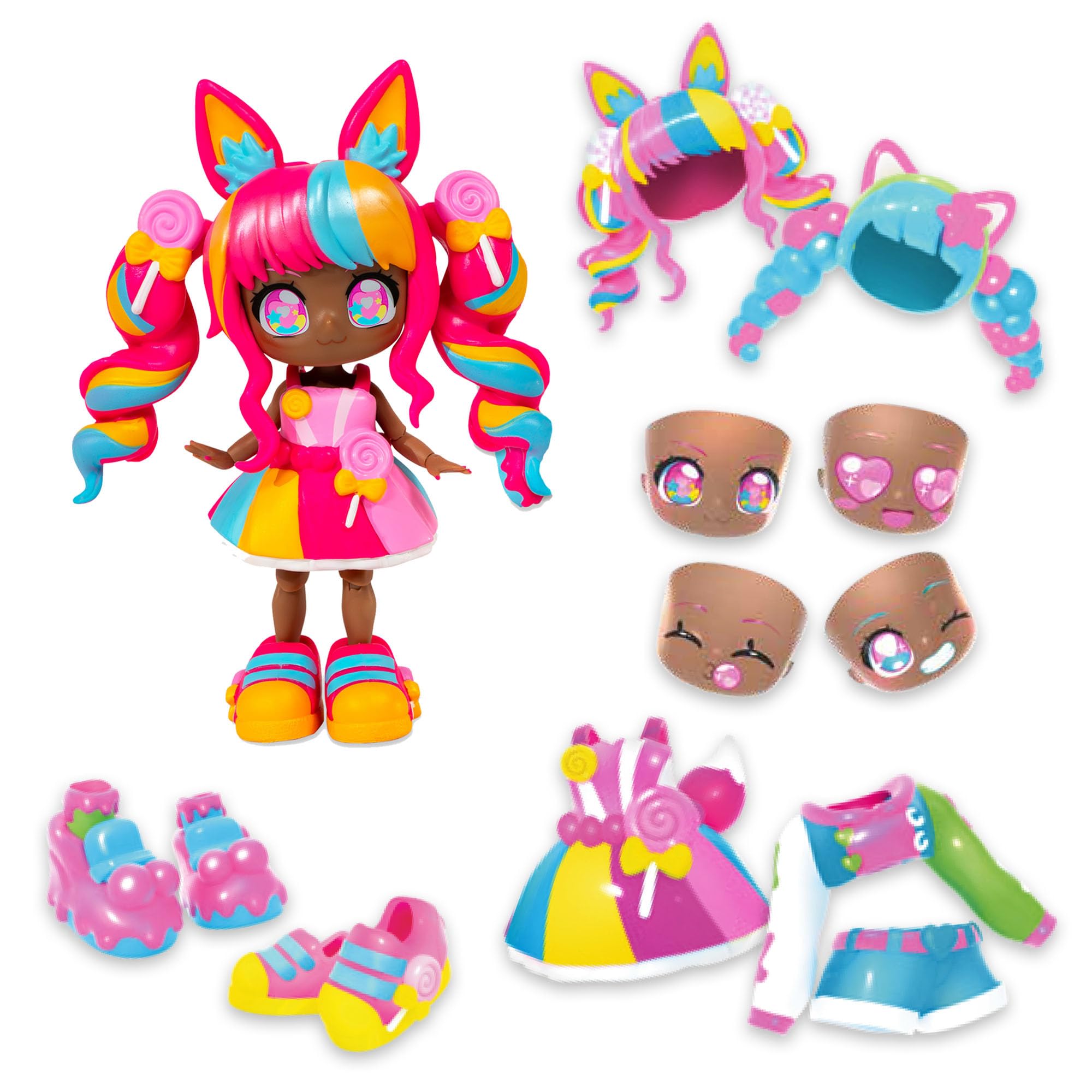 BANDAI - Animakii Lollipop und Bubblegum - Set Personalisierbare Puppen - 1 Puppe, 4 Gesichter, 2 Frisuren, 2 Outfits, 2 Paar Schuhe - Kreatives Spielzeug ab 5 Jahren - HEA26350