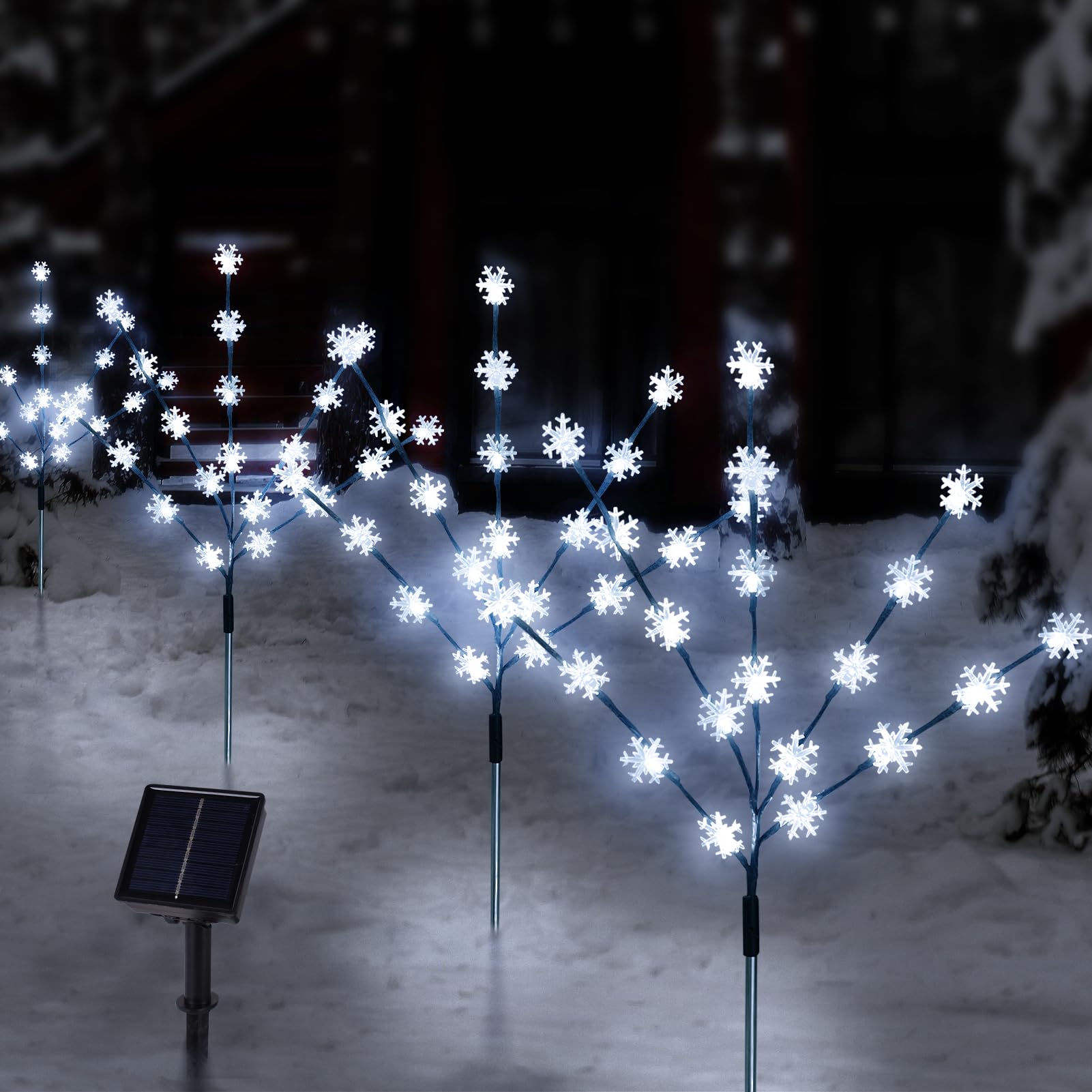 TAILERRI Solar Christmas Pathway Lights, 4 Pack Artificial Tree Snowflake Stake Lights, Waterproof Christmas Decorations for Yard Garden Patio Party Winter Decor (Cool-White)