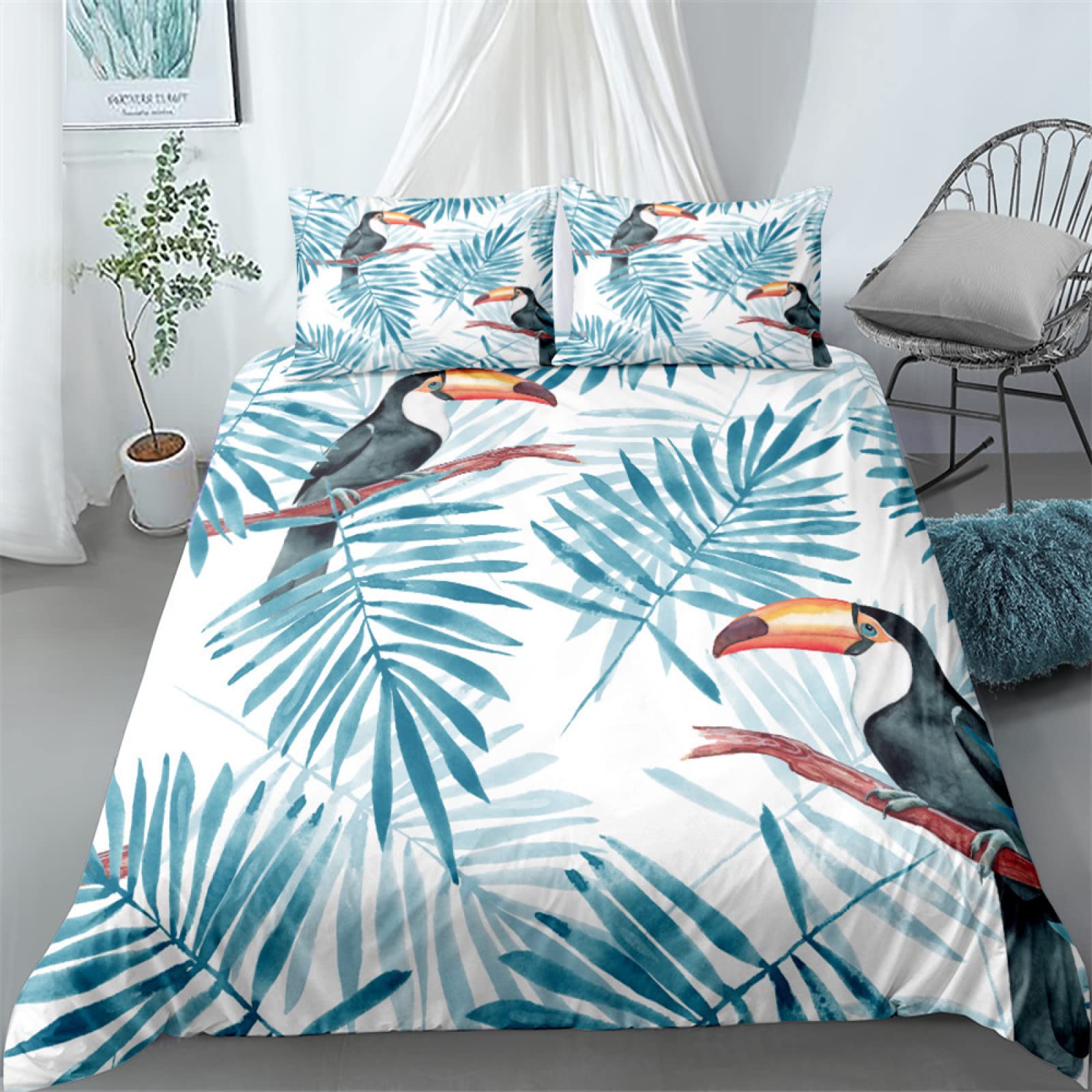 Housse de couette 140x200 feuilles blanches en microfibre douce avec 2 taies d'oreiller