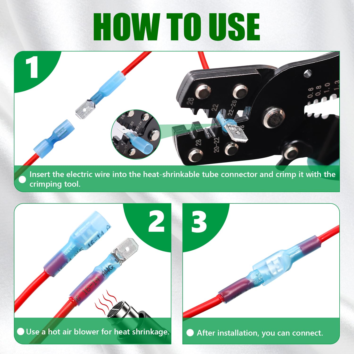 Twidec Kit di 500 connettori termorestringenti a forcella da 22-10 AWG femmina e maschio, connettori a scollegamento rapido, connettori a crimpare completamente isolati per veicoli marini con pinze a