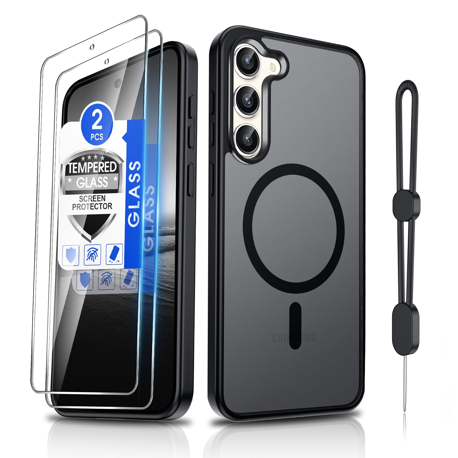 Dizn Magnetic for Samsung Galaxy S23 Case:[Not Fit S23+],with Tempered Glass Screen Protector,Compatible with MagSafe,with Strap,Matte Translucent Cover &amp; Military Grade Protection S 23,Black