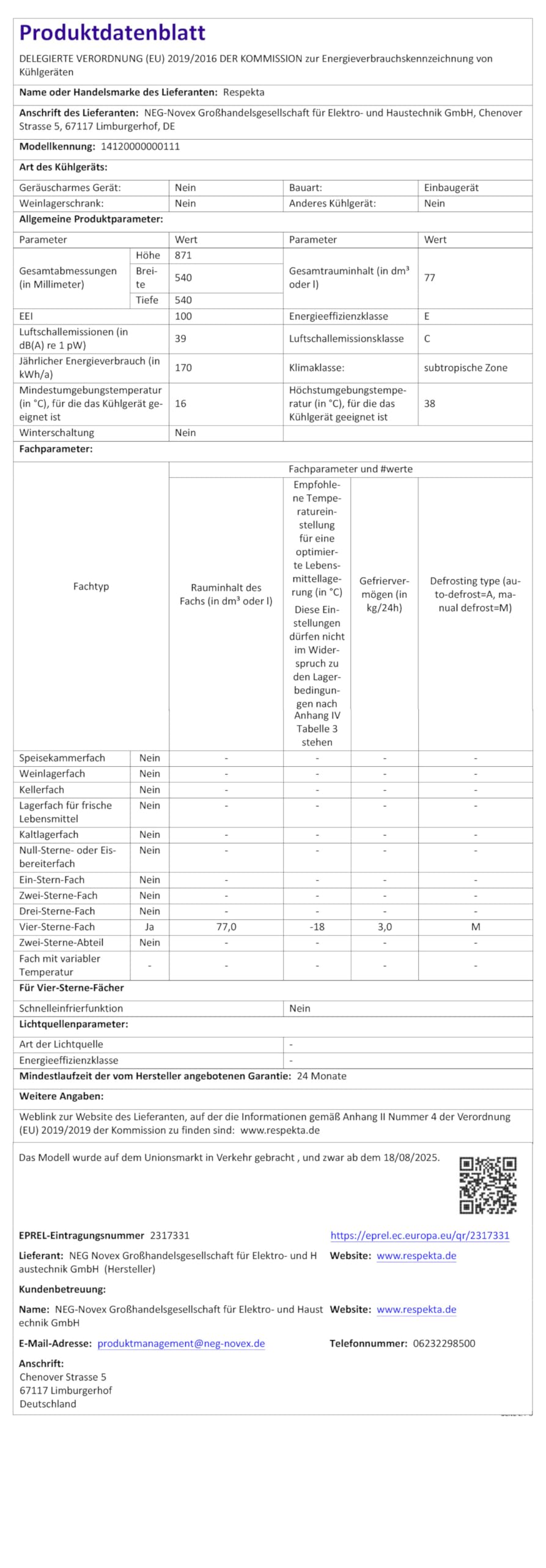 Respekta Einbaugefrierschrank 88 cm GS88-11/77 L Fassungsvermögen/Wechselbarer Türanschlag / 4 Gefrierfachschubladen / 14120000000111 / Max. 39 dB/in weiß